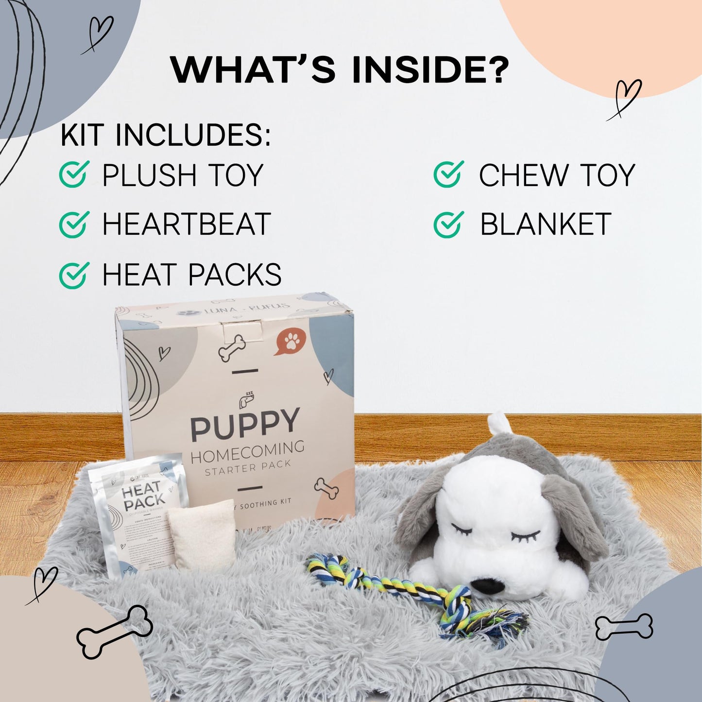 LUNA + RUFUS Upgraded Heartbeat Puppy for Dogs with Blanket, Heat Packs and Chew Toy - Pet Anxiety Relief and Calming Sleep Aid - Perfect Dog Stuffed Animal for Behavioral Crate Training - Dog Toys