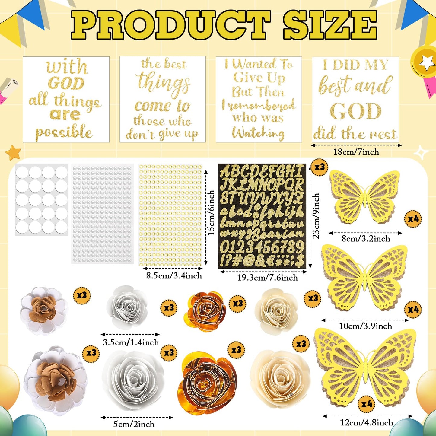 Feifeiya 44 Pcs DIY Graduation Cap Decoration Accessory Kit Faux Paper Flower Head Graduation Quote Glitter Sticker 3D Butterfly Pearl Rhinestone Sticker for Grad Cap Topper Gift(Gold)