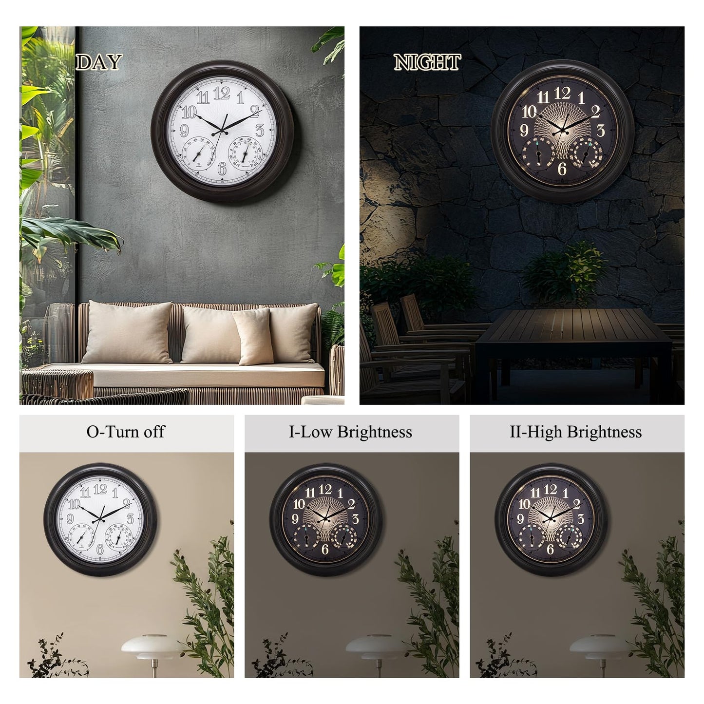 NESIFEE 18 Inch Illuminated Indoor Outdoor Clock Waterproof with Thermometer Hygrometer Smart Sensor Large Black Metal Wall Clocks Battery Operated for Patio, Garden, Living Room, Bedroom, Pool, Porch