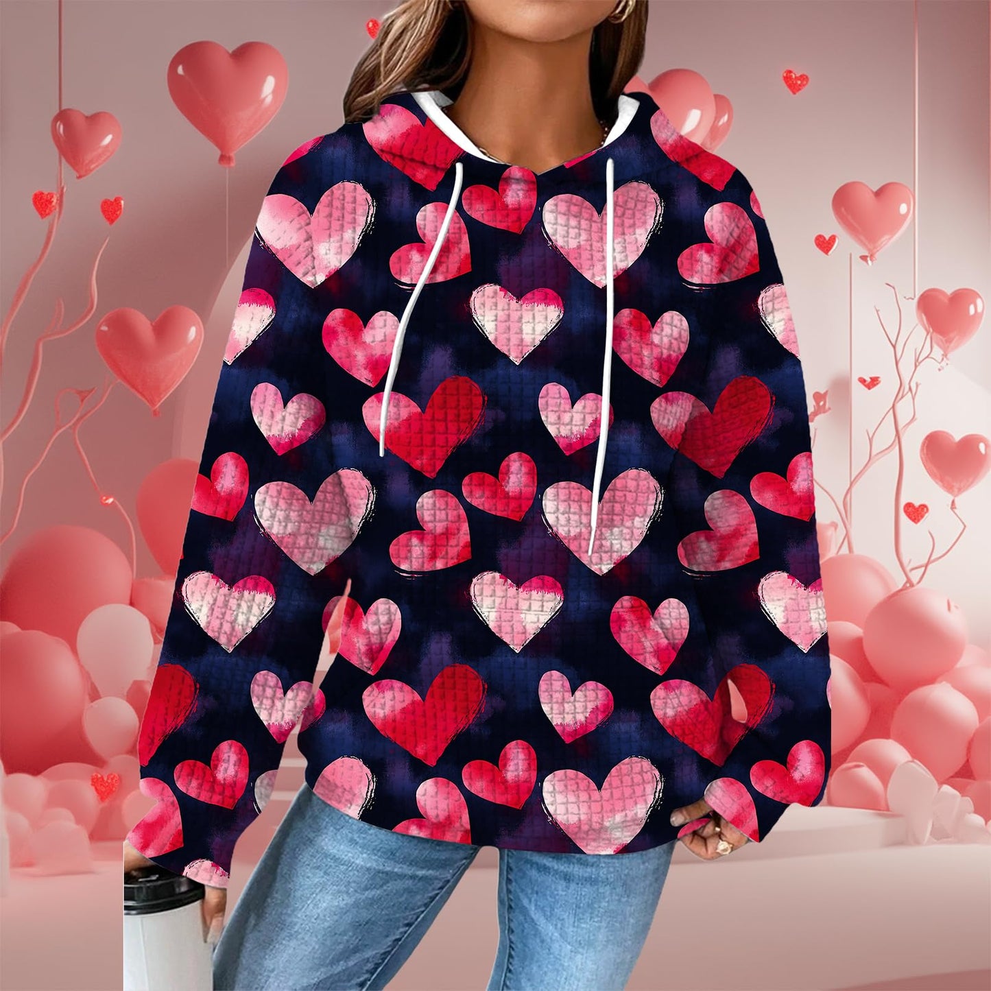 domirica Valentines Day Oversized Hoodie For Women Heart Print Pullover Waffle Long Sleeve Cute Graphic Hooded Sweatshirts Comfy 2025 Spring Fashion Trendy Casual Blouses Wiht Pockets,M