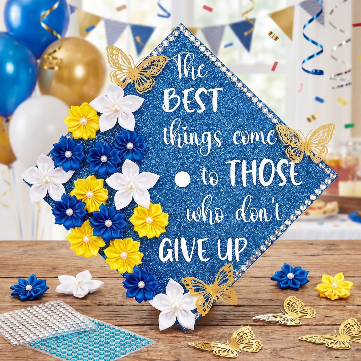 Dunzoom 36 Pcs DIY Graduation Cap Decorations Accessory Kit Artificial Flowers Inspirational Cardstock 3D Butterfly Stickers Rhinestone Stickers for DIY Hat Grad Cap Topper Graduation Party(Blue)