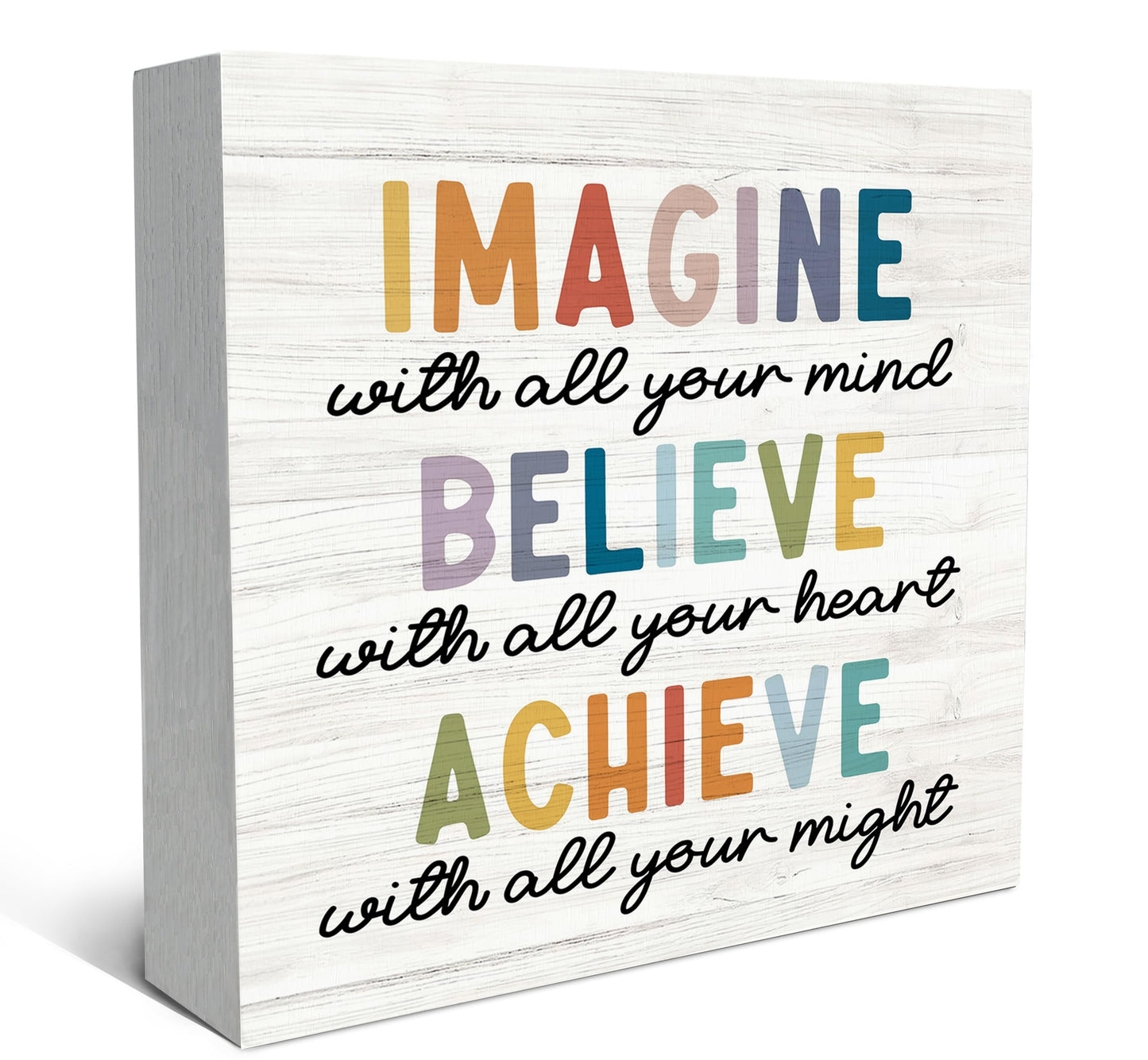 SRADMO Inspirational Wood Box Sign Desk Decor, Imagine Believe Achieve Motivational Theme Wooden Block Box Sign Decoration for Home Office Workplace Desk Shelf Table Decor