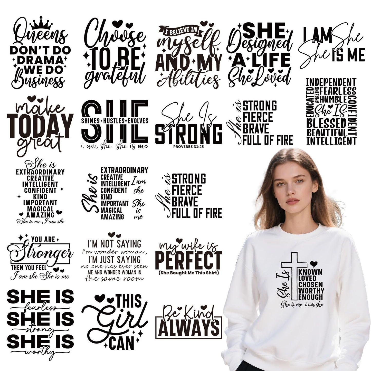 Falueqg Dtf Transfers Ready to Press - 20Pcs Woman Affirmation Iron on Transfer for Tshirts, Inspirational Positive Quotes Iron on Decals Patches, Motivational Heat Stickers for DIY Clothes Bags