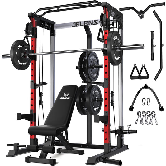 JELENS C21 Power Cage, 2000LBS Multi-Function Power Rack with Independent Dual Pulley System, All-in-One Squat Rack for Cable Crossover, Home Gym Workout Machine (Red,140LBS Black)