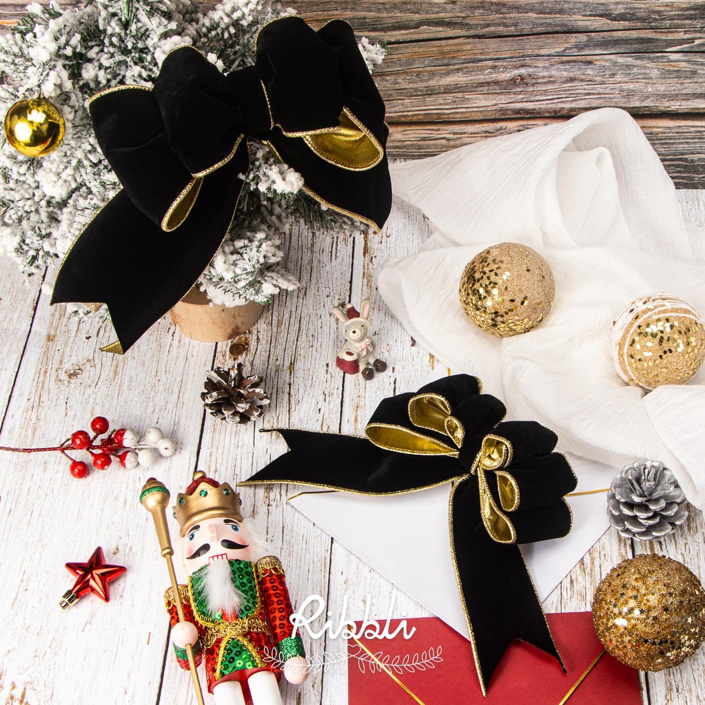 Ribbli Black Velvet Wired Ribbon 2.5 Inch Luxury Matte Velvet Christmas Ribbon for Gift Wrapping Christmas Tree Decoration Crafts Wreaths Supplies - 10 Yards