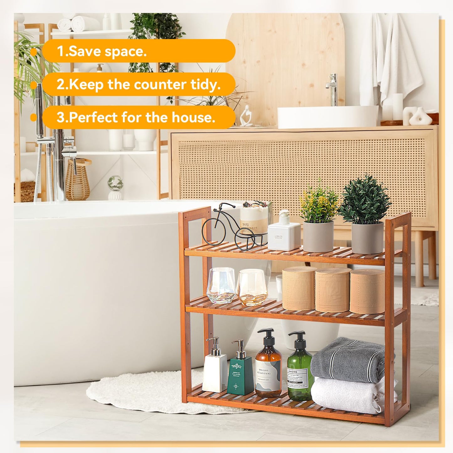 MEHL CLUB Wood Bathroom Shelf, 3-Tier Adjustable Shoes Rack&Plants Rack, Wall-Mounted or Stand for Living Room (Honey Oak)