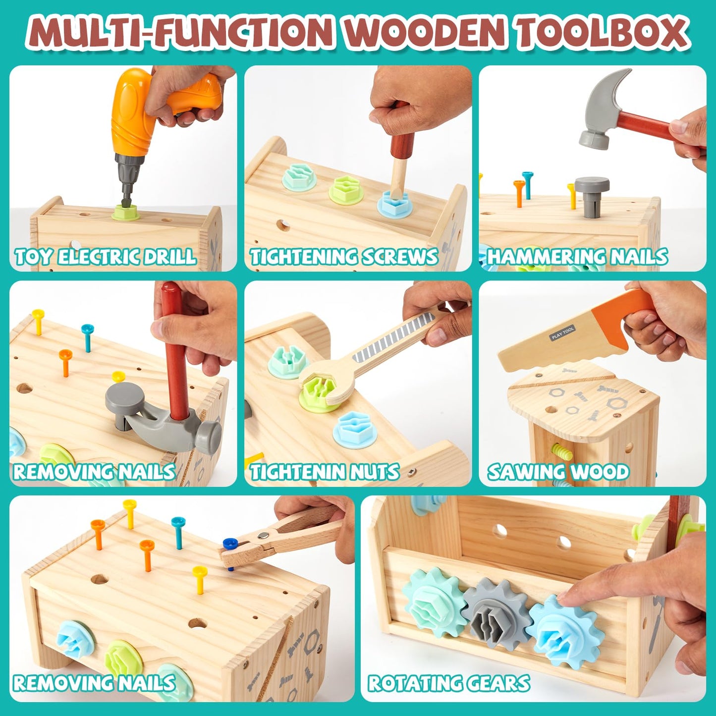 Kids Tool Set - 54 PCS Wooden Toddler Tool with Wooden Box, Educational Pretend Play Construction Toy for 2 3 4 5 6 Year Old Boys Girls, Toddle Electronic Toy Drill Children Montessori STEM