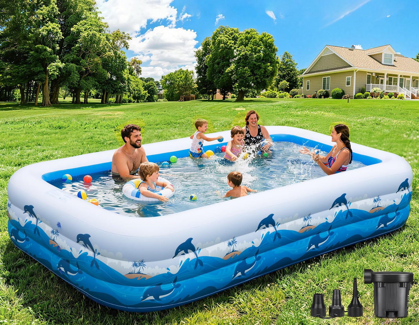 Inflatable Pool for Kids & Adults, 130" x 72" x 22" Large Family Blow Up Pool for Backyard, Thickened PVC Kiddie Pool Above Ground Pool, Easy Setup Summer Outdoor Garden Pool