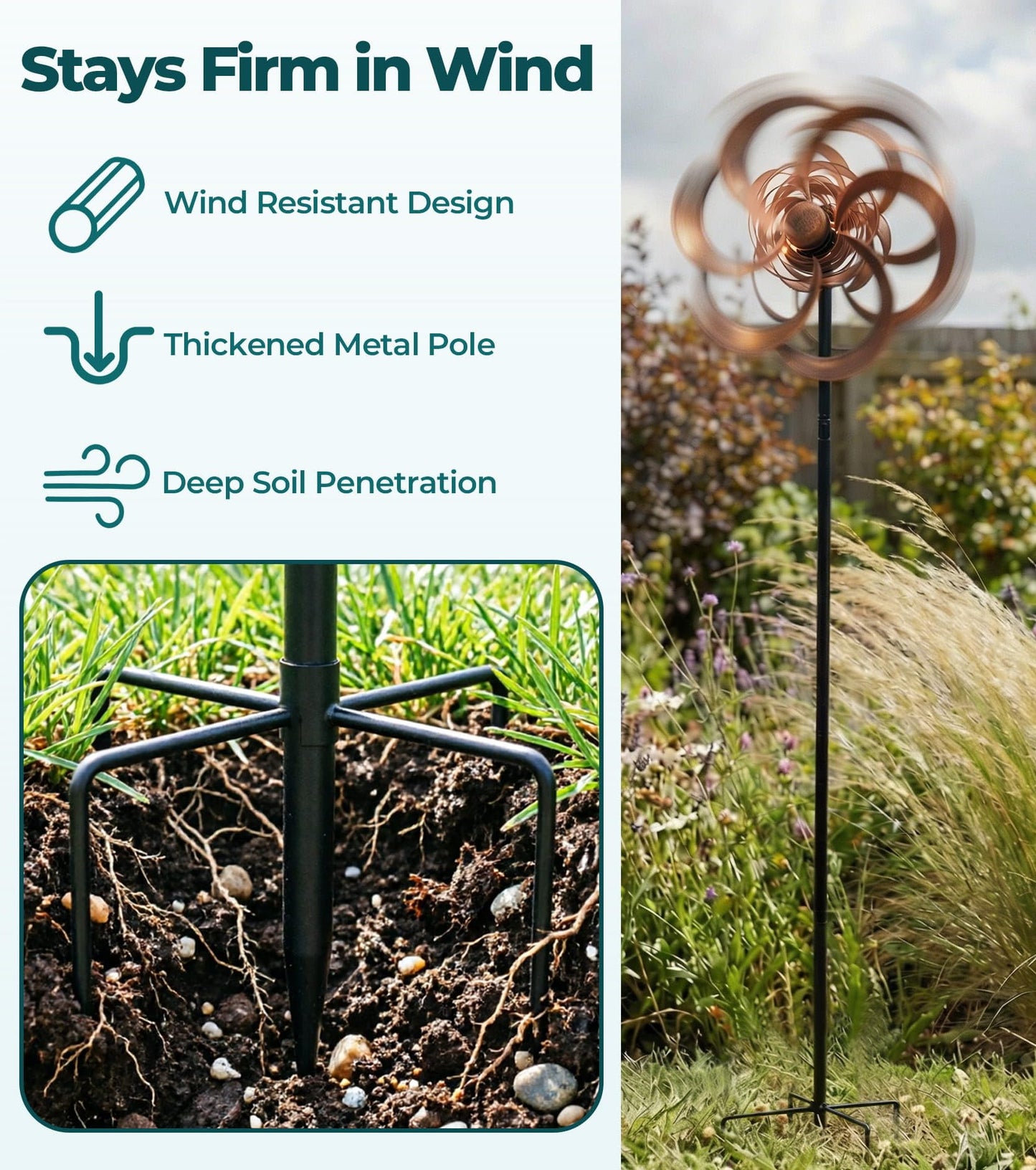 Gronhof 63" Metal Wind Spinner Outdoor, Double-Sided Kinetic Yard Spinner, Smooth Spinning Garden Decor, Stable 5-Prong Stake, Copper Yard Art for Lawn & Patio