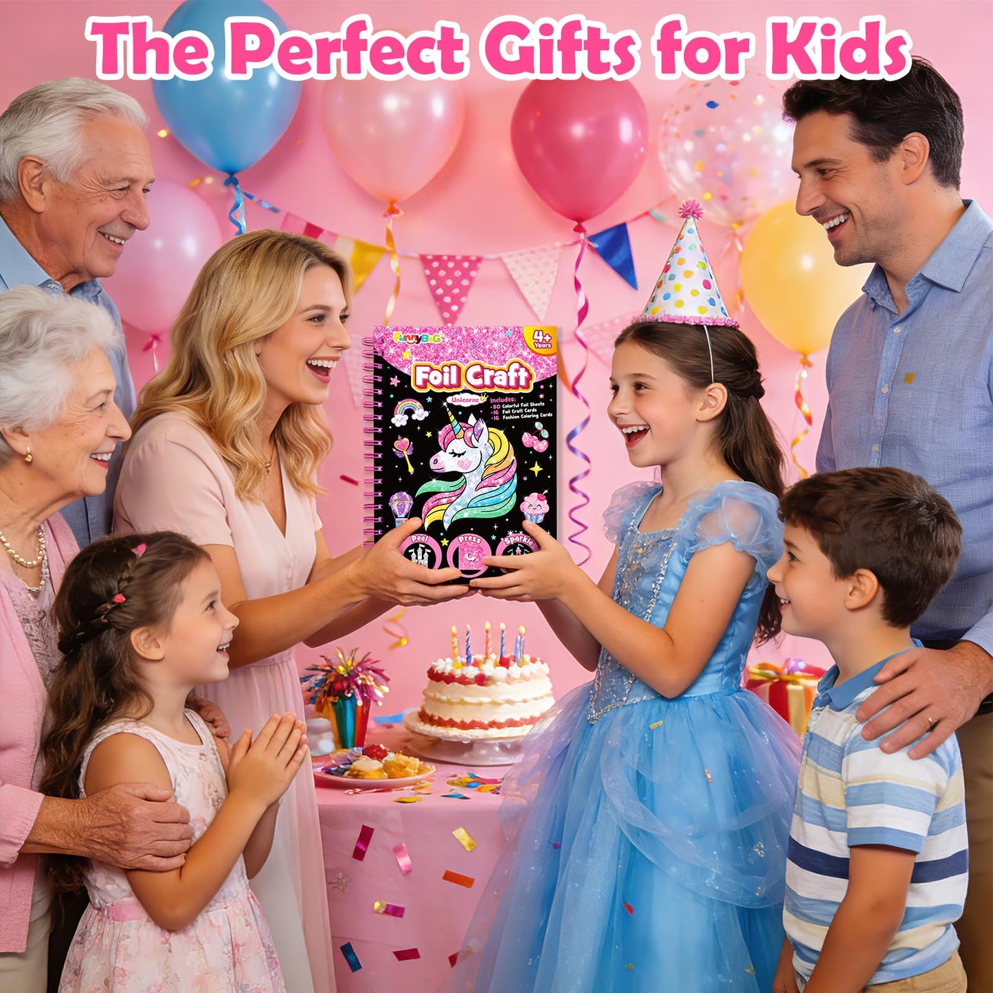 FUNNYB&G Foil Art Craft Kit for Girls 4-10 Years Old: Mess-Free & No-Glue, Create 16 Sparkly Unicorns Pictures – Perfect Travel Toy & Birthday Gift for Kids（Unicorns）