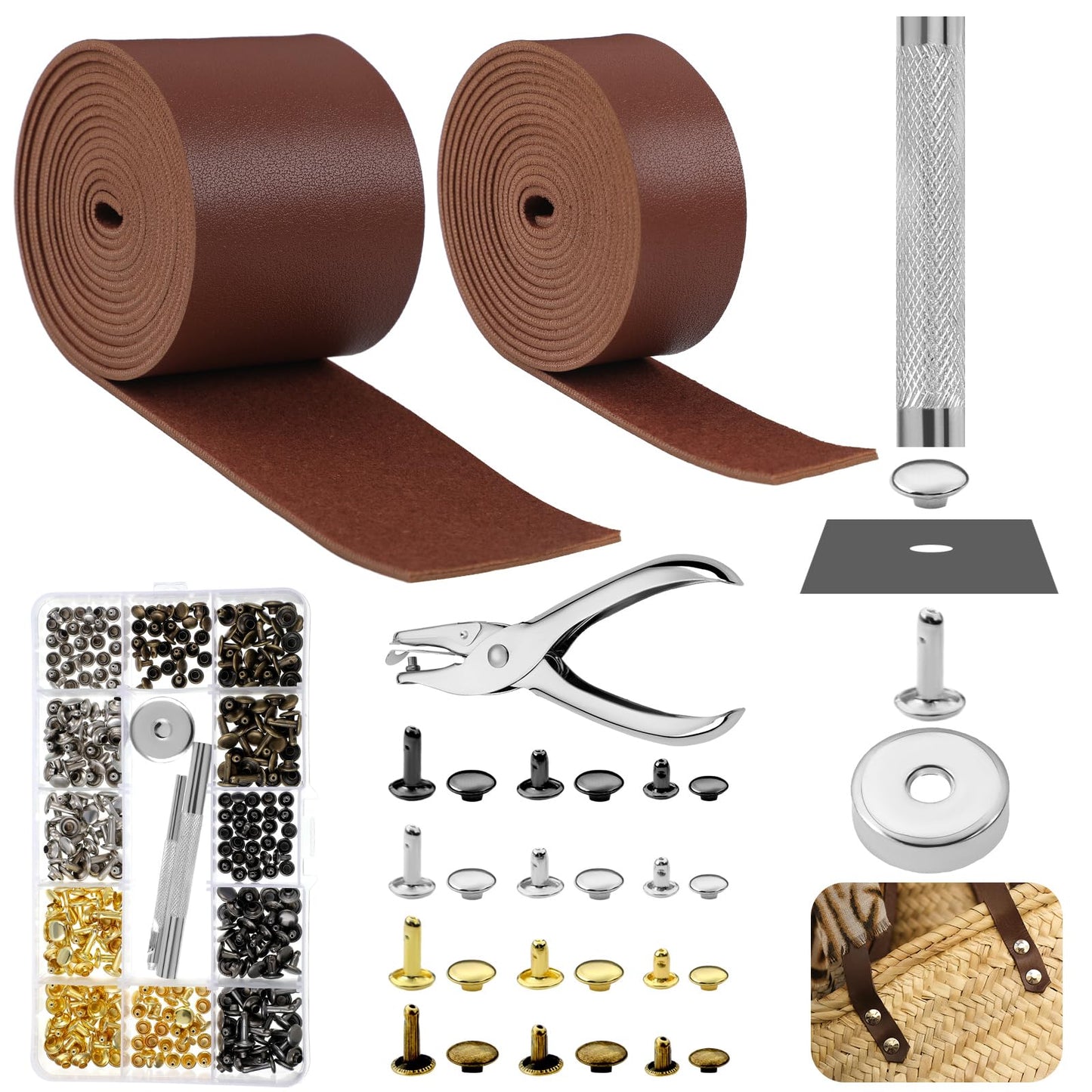 363 Pcs Faux Leather for Crafts Kit 140 Inches Leather Straps Flat with Wide 360 Rivets and 1 Double Rivet Tubular Setting Tool for DIY Bags Craft Repairs Decoration(Red Brown,1inch 2 Inch)