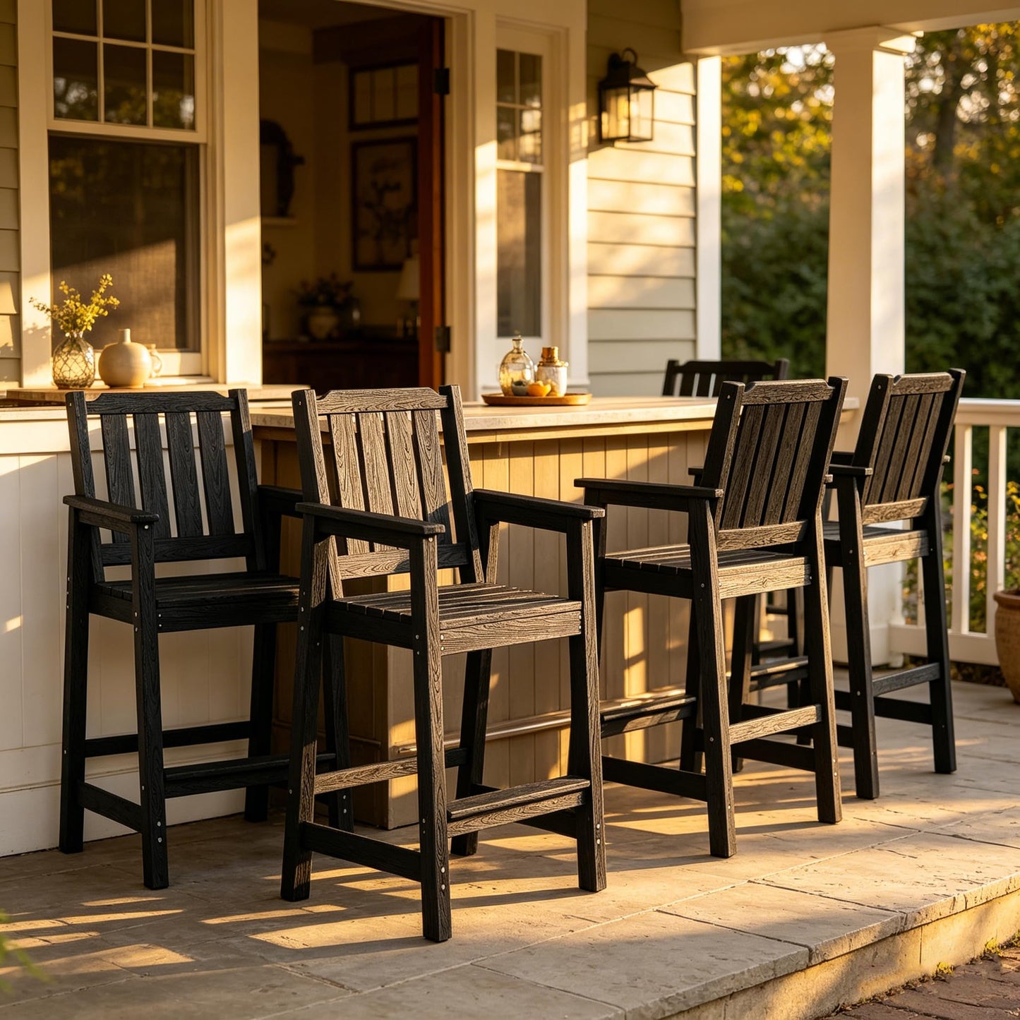 GarveeHome Outdoor Bar Chairs Set of 4, Patio HDPE Garden Chairs with Ergonomic Wide Seat and Footrest, Waterproof, All-Weather Durable Bar Stools for Balcony, Backyard, Poolside, Black