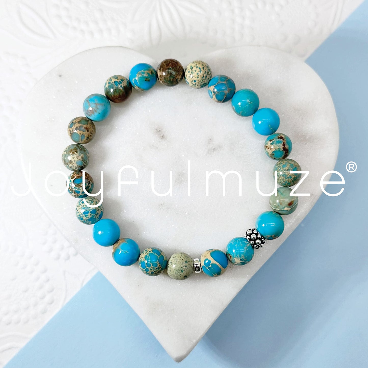 Joyfulmuze Handmade Stretch Bracelet, Genuine Turquoise Emperor Round Jasper, Premium Jewelry for Women Man Girls, Grounding Strength and Stability Stone, Sterling Silver Beads (Turquoise-Jasper-8mm)