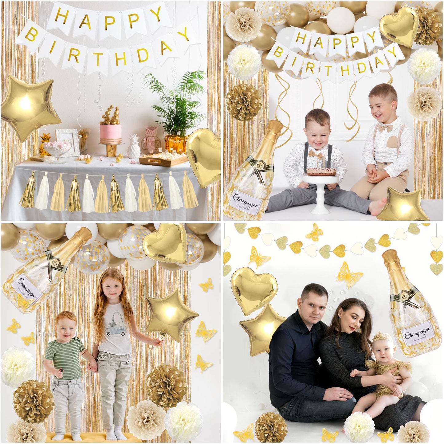 White and Gold Birthday Party Decorations Kit for Women Girls, Gold White Sand Confetti Foil Balloons Happy Birthday Banner Fringe Curtains Butterfly Garland Baptism Communion Supplies
