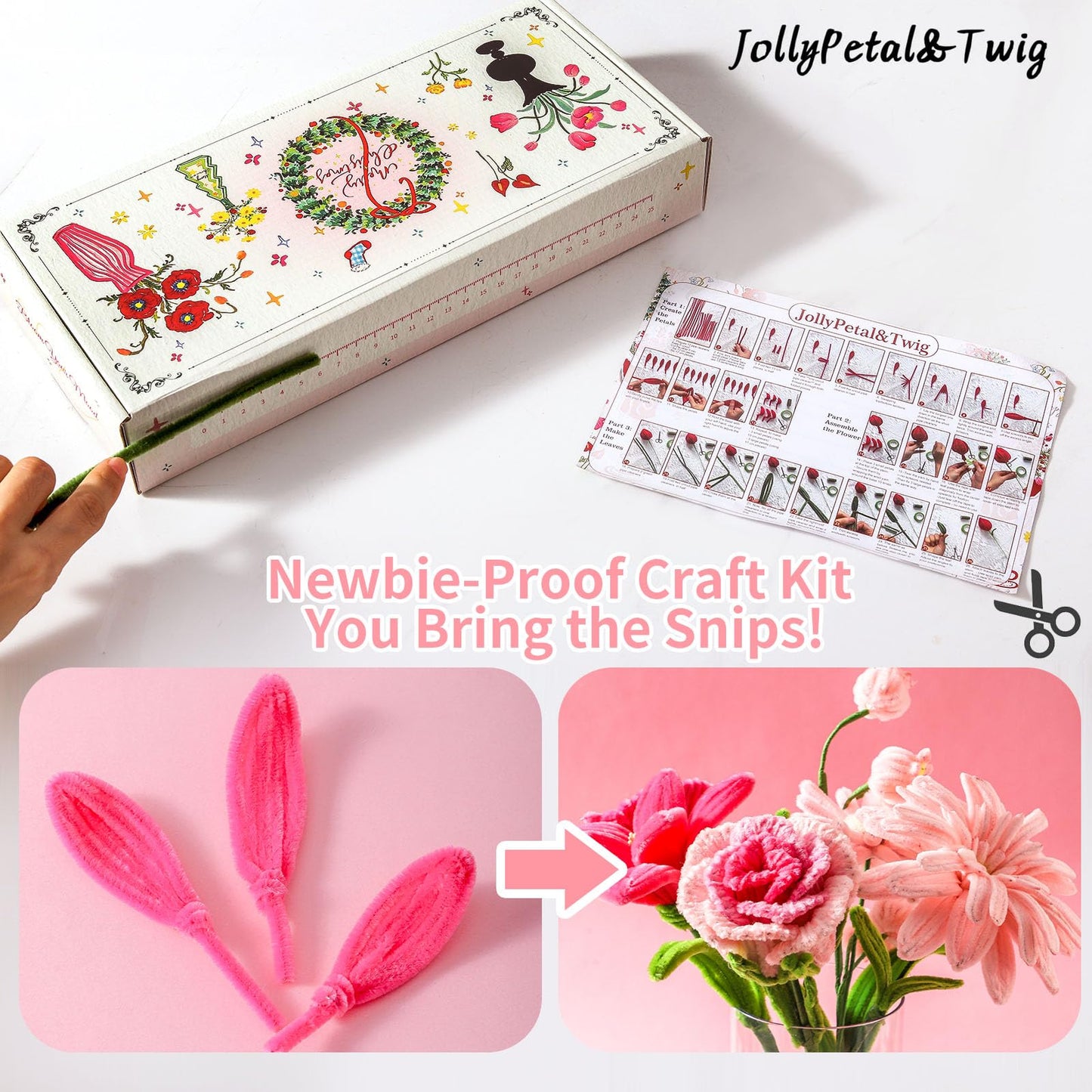 JollyPetal&Twig Pipe Cleaners Craft 5 Colors,Chenille Stems Plush Craft Kit,Pink Pipe Cleaners Flowers Kit with Floral Tape for Wedding Gifts Graduation Bouquet (Pink)