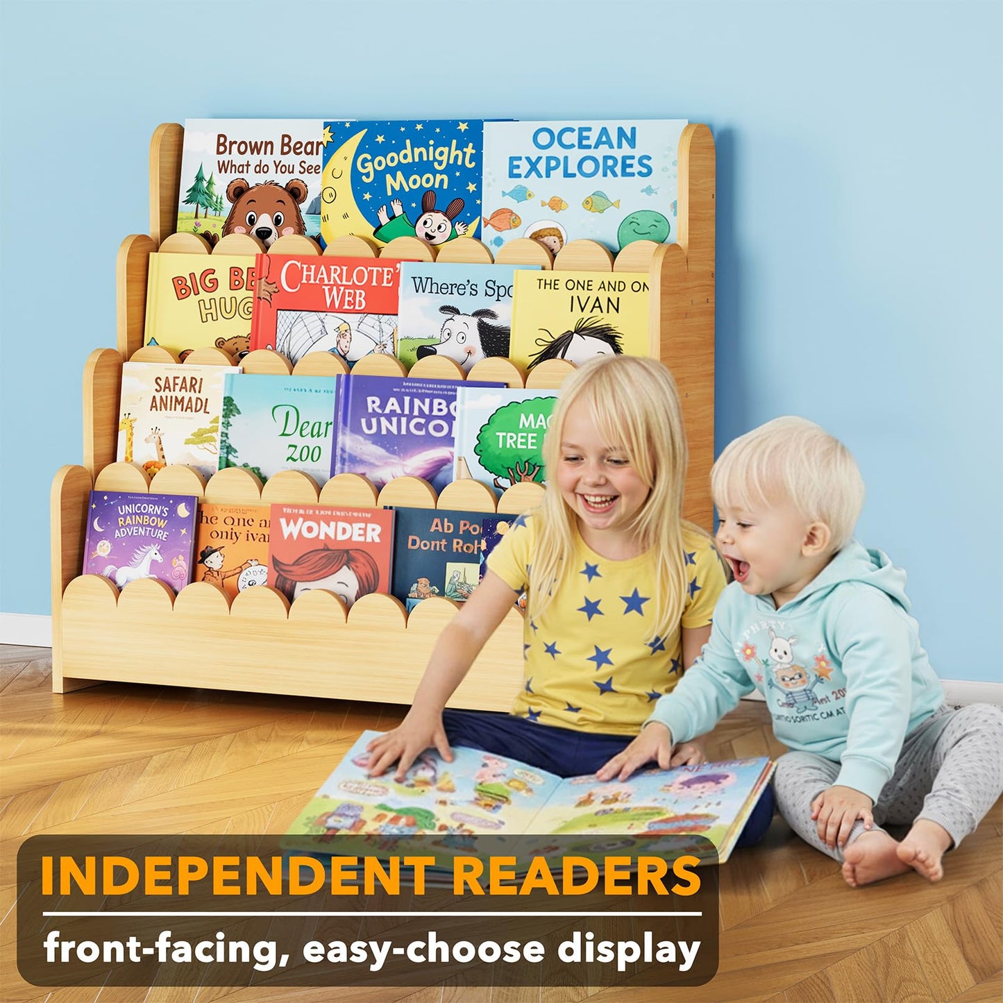 SpaceAid 4-Tier Scalloped Bookshelf, Montessori Bookcase for Toddlers, Wooden Book Shelf Organizer Display Furniture for Kids Rooms, Playroom, Nursery and Classroom, 29.6“ Wide, Natural
