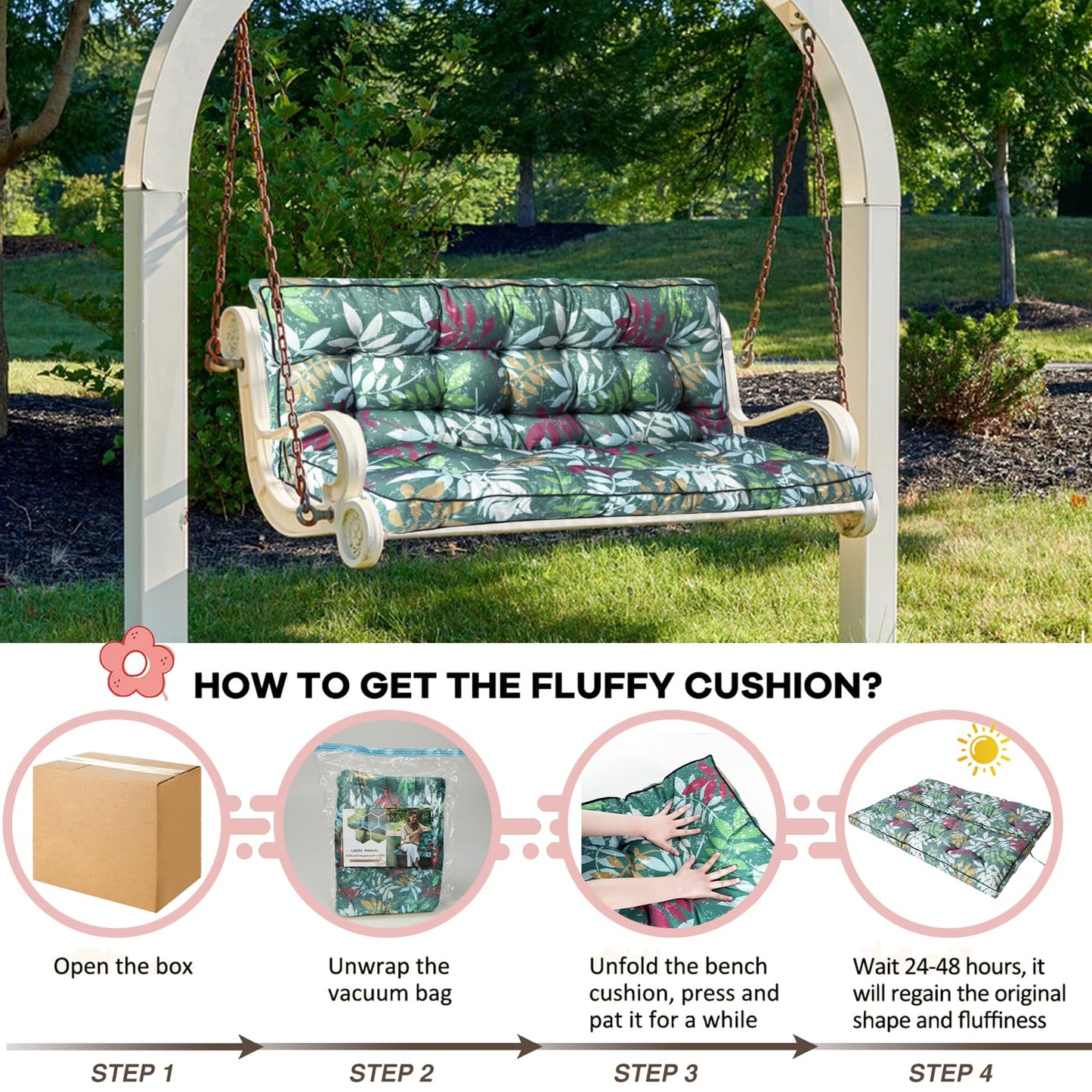 2-3 Seat Swing Replacement Cushion, Outdoor Bench Cushions with Backrest Thicken 4", Patio Furniture Garden Porch Loveseat Glider Pad Anti-Fading Waterproof (Green Flower, 40x55in)
