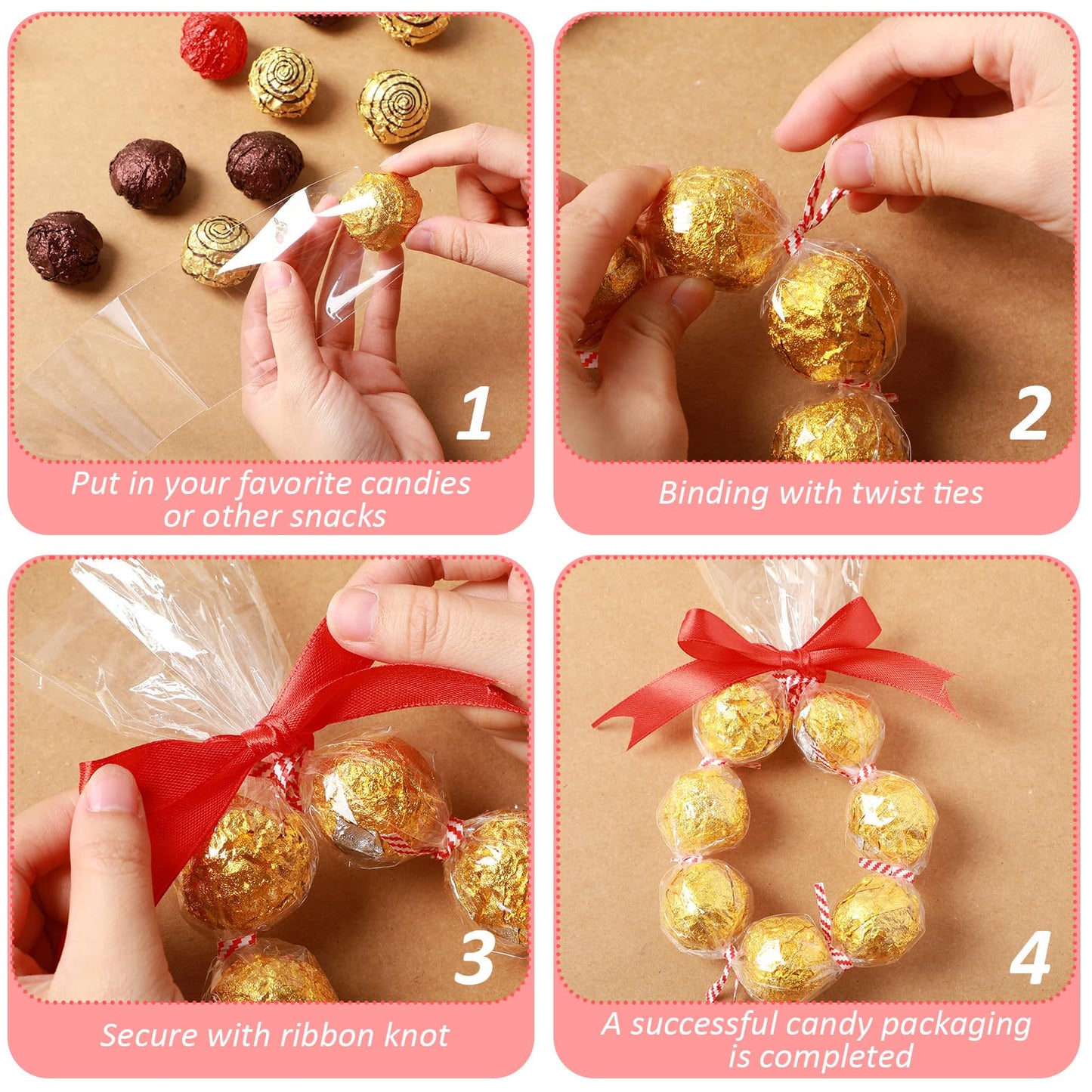 Dunzoom 50/100 Set 2'' x 24'' Christmas Candy Wrapping Gifts Treat Bags Set Plastic Transparent Bags with Twist Tie and Loop of Ribbon for Xmas Party Favors Chocolates Candy Wreath Making Kit