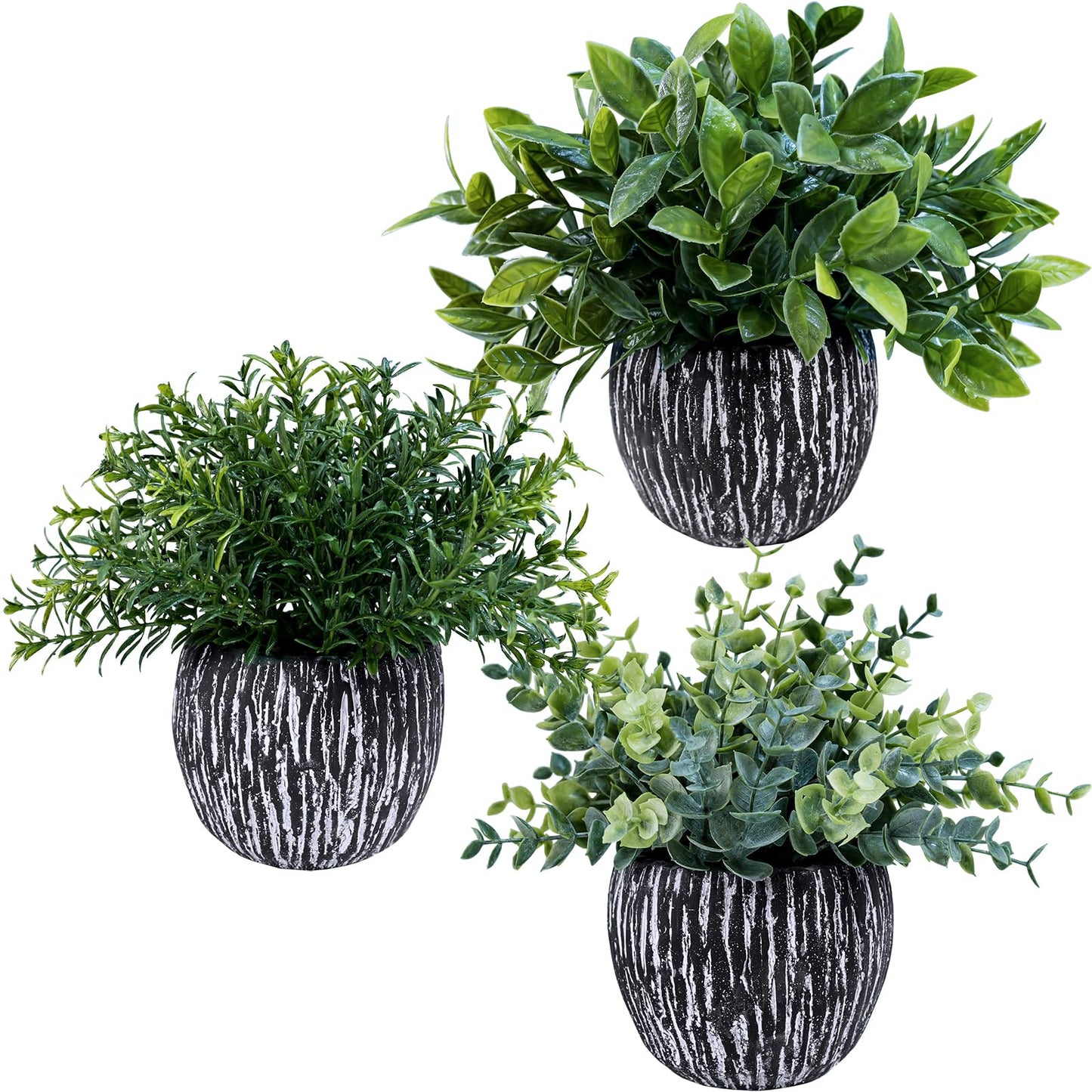 Winlyn Set of 3 Artificial Potted Plants Faux Eucalyptus Rosemary Boxwood Greenery in Black & White Concrete Pots Small Fake Plant for Indoor Outdoor Home Office Table Shelf Windowsill Greens Décor
