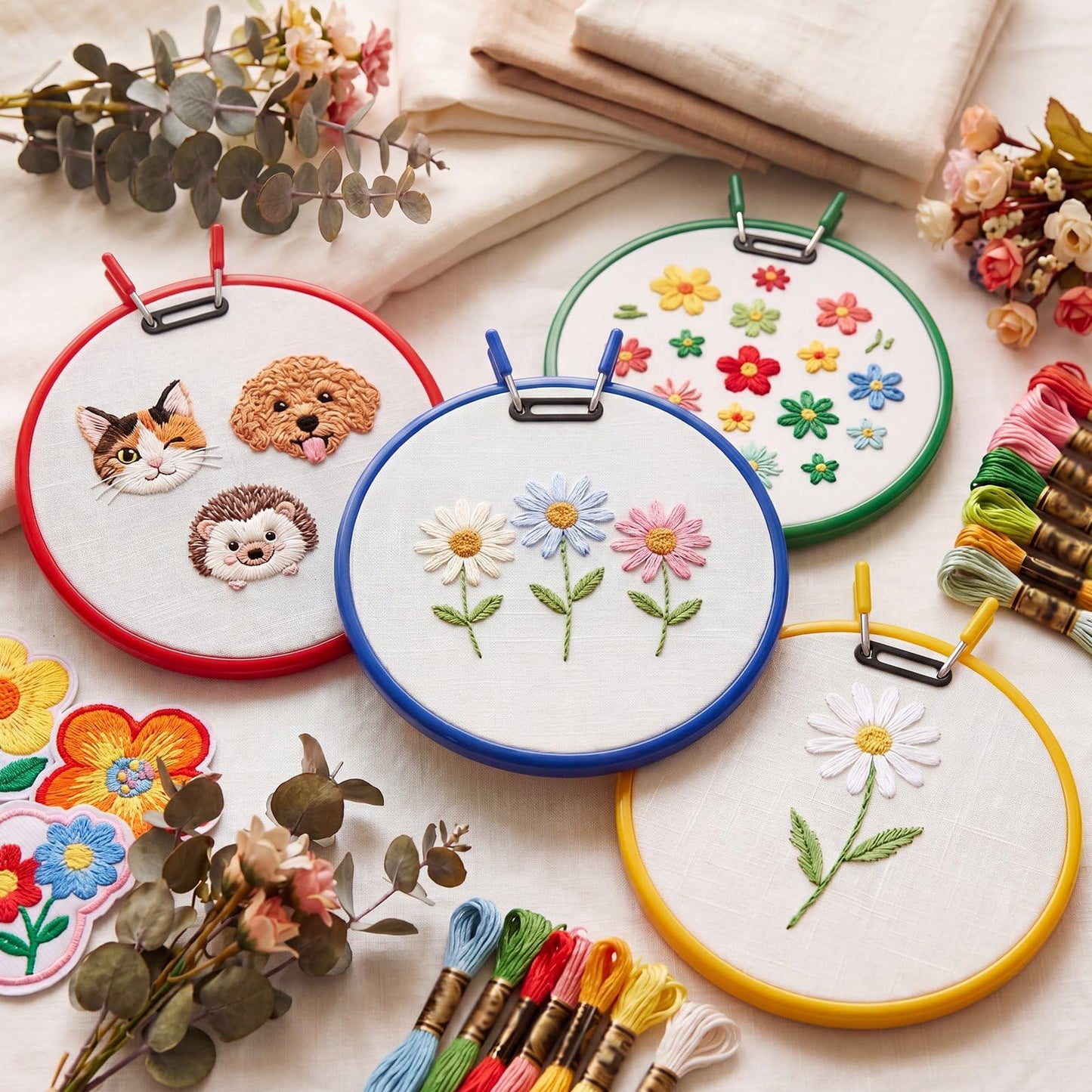 ElaraBerry 4 Pcs 7.7" Metal Spring Tension Embroidery Hoops Red Yellow Blue Green No-Slip Cross Stitch Hoop Circle Round Embroidery Tension Shed for Cross Stitch Needlework Sewing Craft Projects