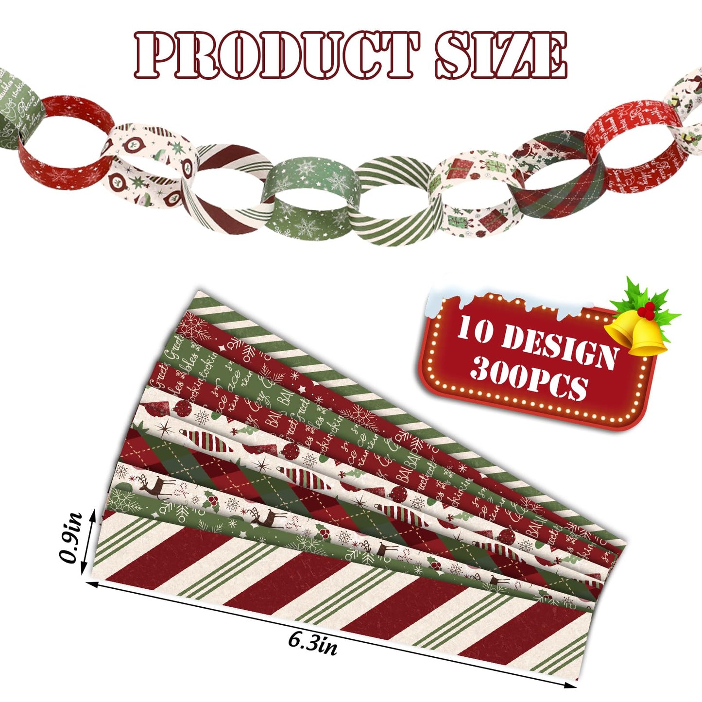 JarThenaAMCS 300Pcs Christmas Paper Chains Double-Sided Red Green Decorative Paper Links for Winter Xmas Party Favors DIY Crafts Supplies