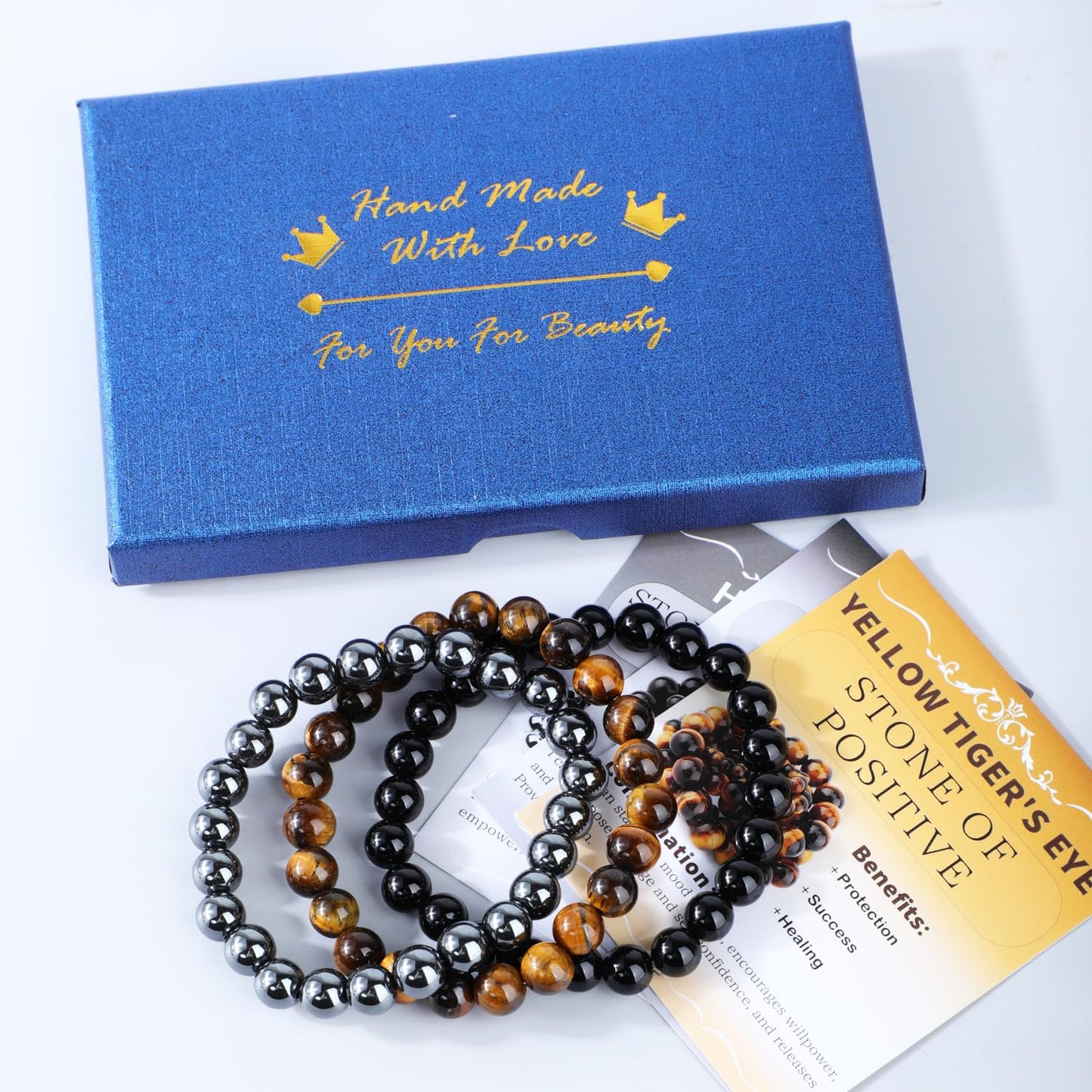 CMBYN 3-Pieces 8mm Natural Crystal Gemstone – ﻿Black Onyx, Hematite, Yellow Tiger's Eye Handmade Reiki Energy Healing Stretch Bracelets Jewelry for Yoga, Meditation, Unisex