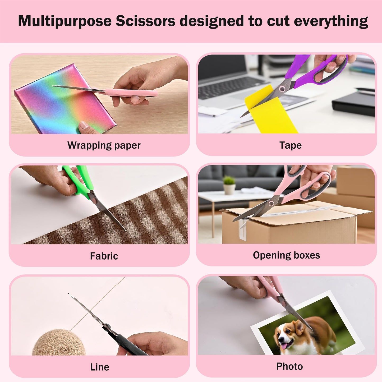 Scissors, Rkqoa 8" Scissors All Purpose 6 Pack - Comfort-Grip Sharp Scissor for Office School Adult Art Sewing Fabric Craft Supplies, Teacher/Classroom Everyday Use, Right/Left Handle