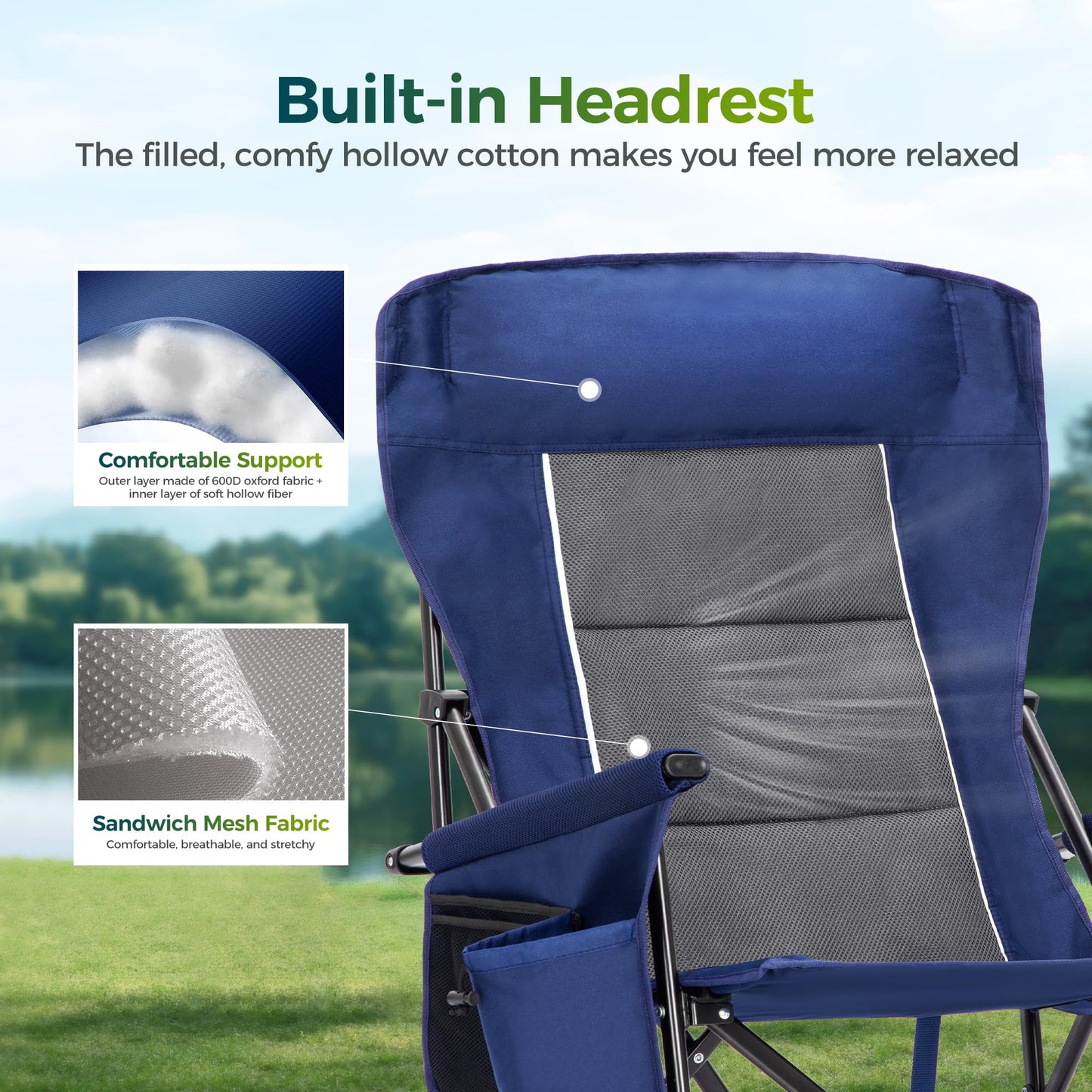 ALPHA CAMP Oversized Folding Camping Chairs High Backrest Heavy Duty Lawn Chairs for Adults Support 500 LBS Portable Camp Chairs with Cup Holders Large Side Pocket for Outdoor