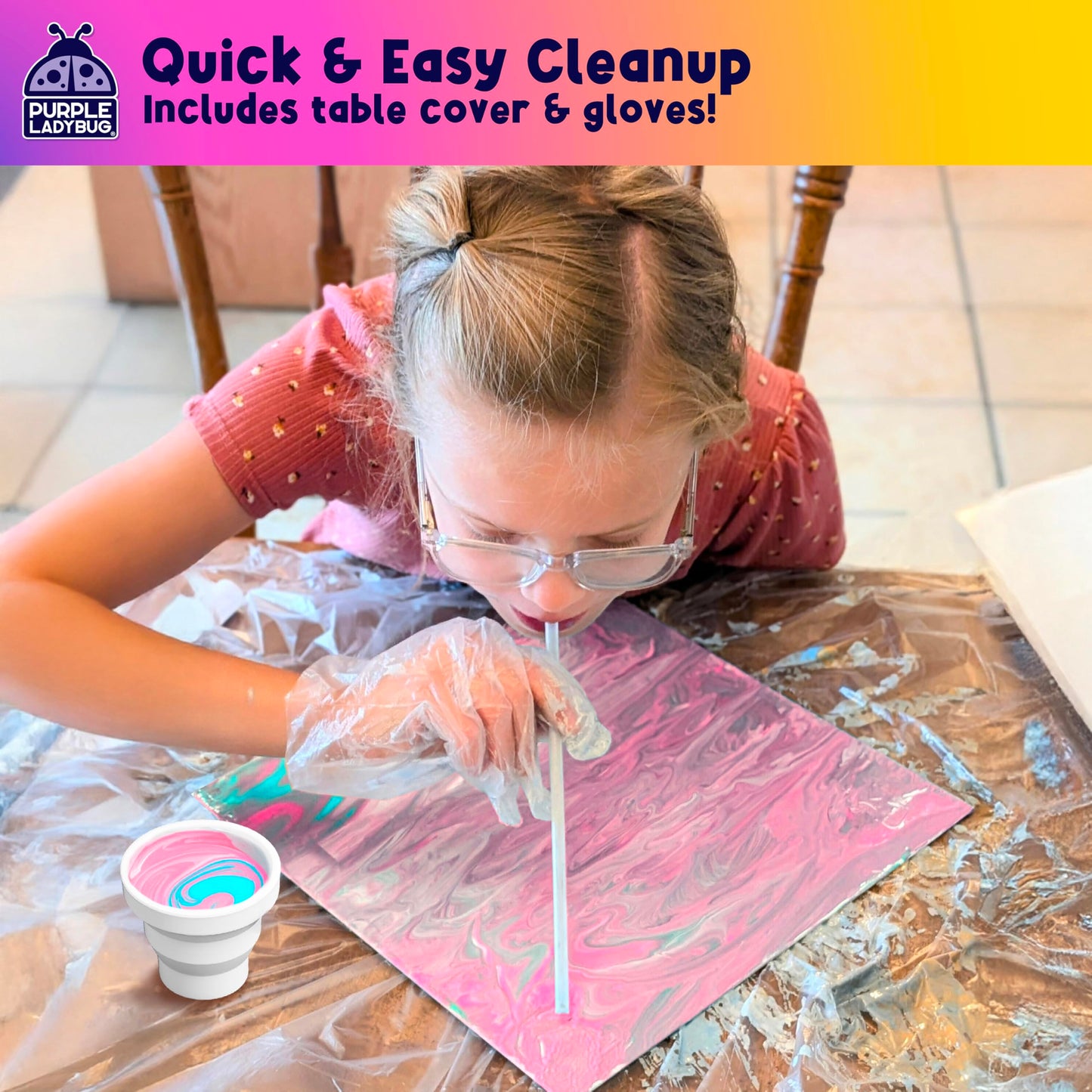PURPLE LADYBUG Low-Mess Paint Pouring Art with Gloves & Table Cover - Washable & Non-Toxic Kids Painting Kit, Art and Crafts for Kids Ages 8-12, Birthday Gifts for 6+ Years Old, Crafts for Girls 8-12