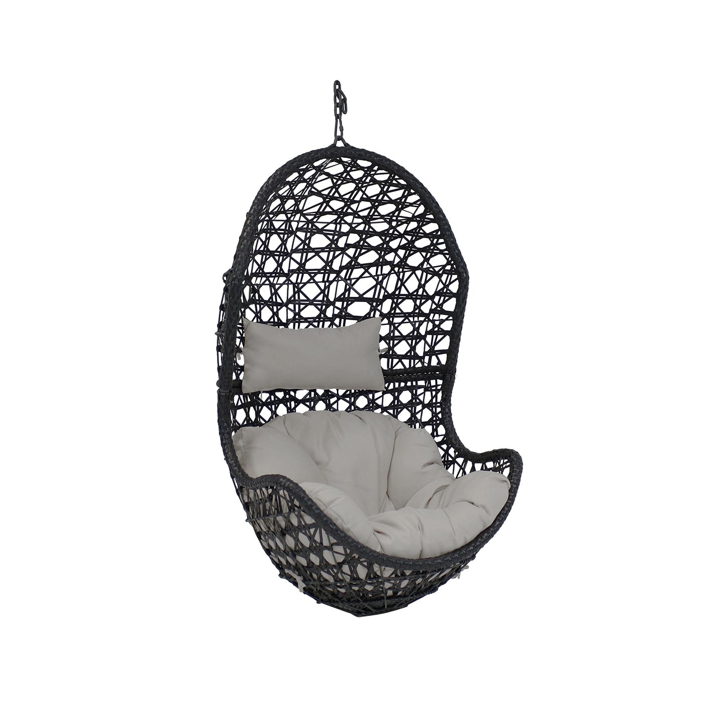 Sunnydaze Cordelia Egg Chair with Cushions -Resin Wicker Hanging Chair with 265-Pound Weight Capacity - Hanging Swing Includes Gray Polyester Cushion and Headrest
