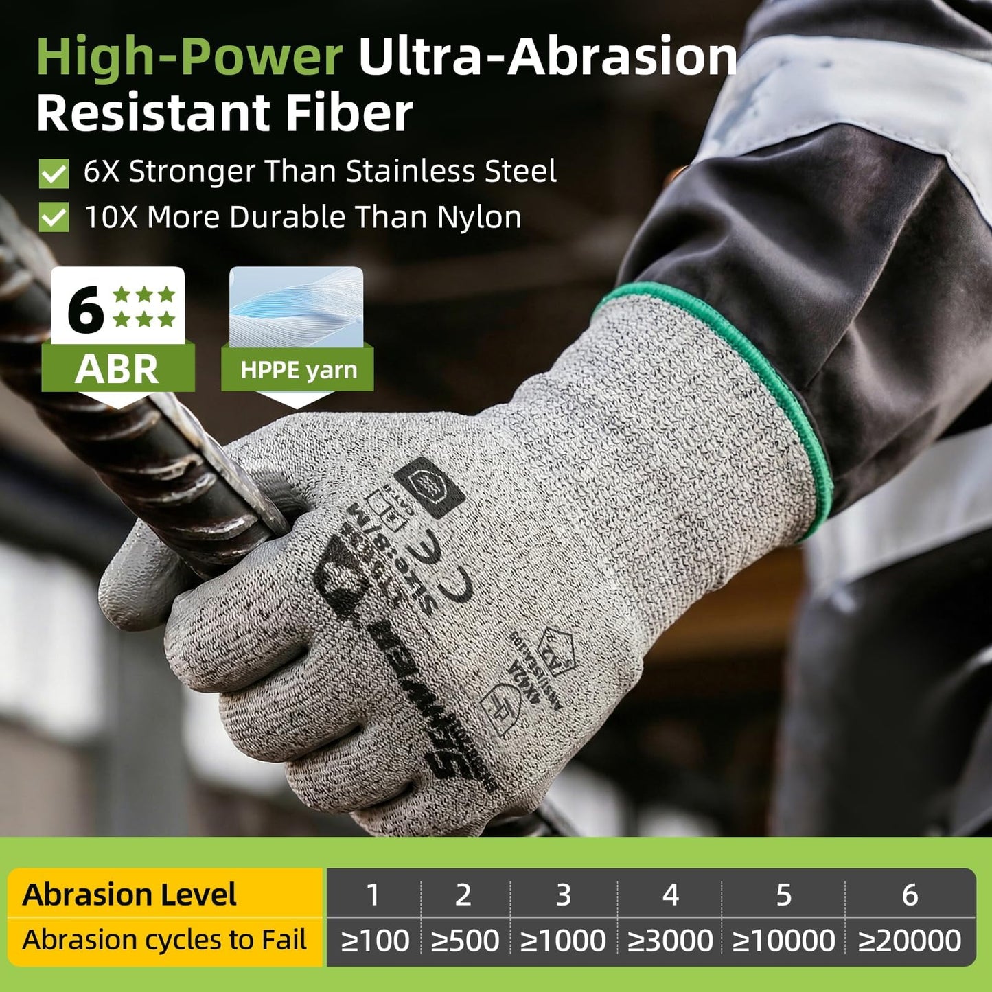 Schwer 6 Pairs Safety Work Gloves with Certified Level 6 Abrasion Resistance, ANSI A2 Cut Resistant Working Gloves with Grip for General Use, Construction, Gardening, Mechanic, 3D-Comfort, LT5636, L
