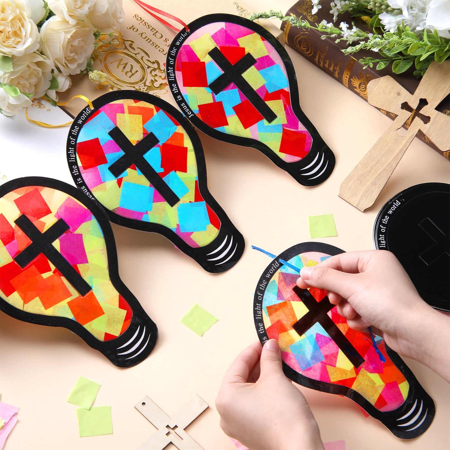 Eaasty 32 Sets 2026 Vbs DIY Jesus Light Craft Kit, Illumination Themed Christian Suncatcher Light Bulb Cross Stained Glass Art for Easter Sunday School Back to School Activities (Crafts)
