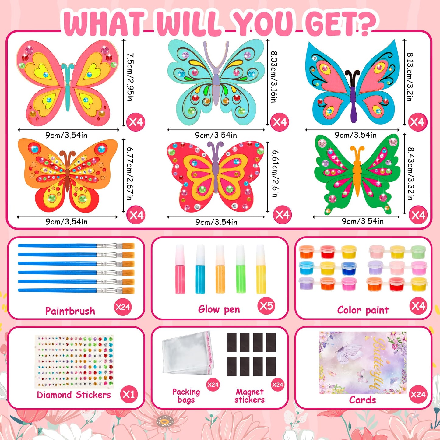 24 Pack Butterfly Party Favors - Non-Toxic Wooden DIY Butterflies Paint Craft - with Magnet Luminous Pen Diamond Sticker - Butterfly Birthday Party Supplies Goodie Bag Gift Prize for Kids Girl Toddler