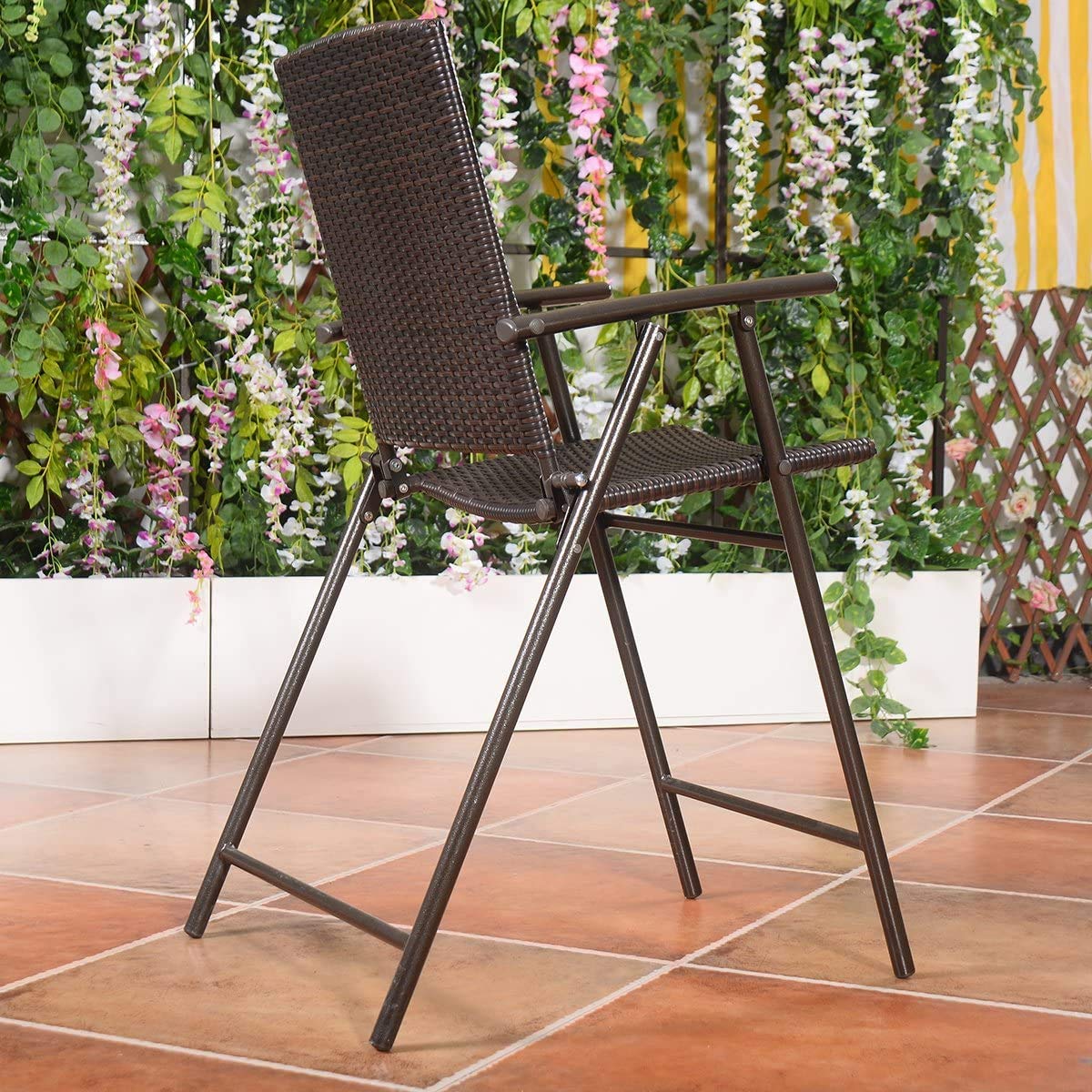 Moccha Folding 4 Pieces Wicker Rattan Chairs, Tall Bar Stool Set with Back Steel Frame Footrest Armrest, Weather-Resistant Comfortable Chairs for Outdoor Indoor Garden Patio Furniture Set, Brown