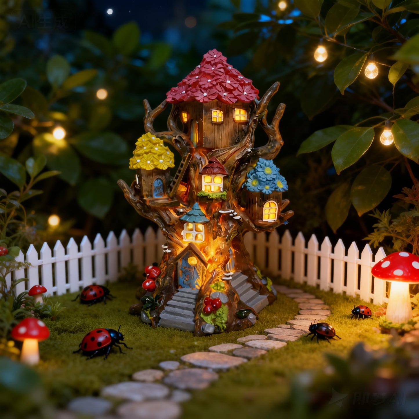 BLBYHO Solar Fairy House Large Fairy Garden Treehouse for Outside, Fairy Garden Accessories Outdoor, Garden Statues Fairy Tree House, for Home, Yard, Balcony Decor, Birthday Gifts for Kids