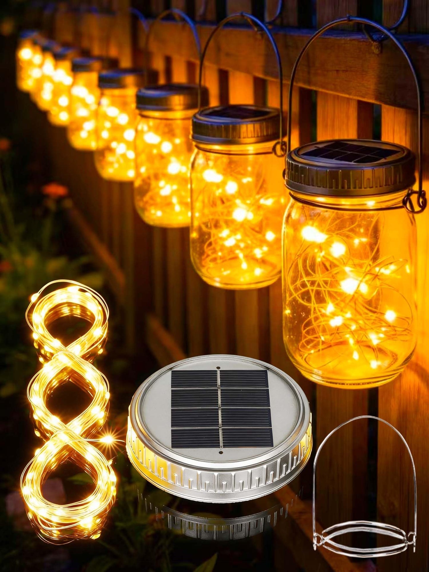 Cooo 12 Pack Upgraded Solar Mason Jar Lid with 30 LED Firefly Light – 215% Larger Solar Panel, Waterproof Anti-Rust Cover, Fits Standard Mouth (Included Hanger Not Included Jar), for Patio Garden