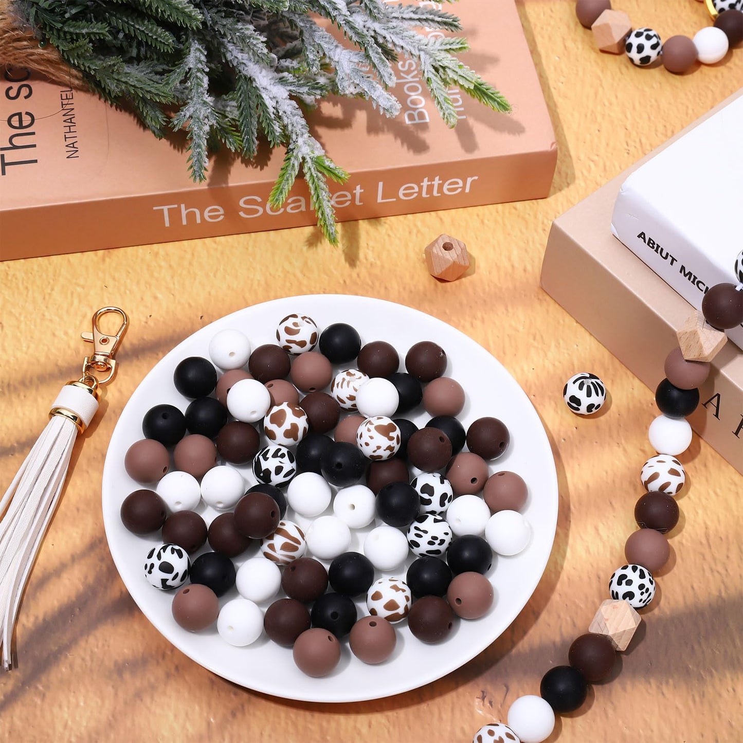JarThenaAMCS 100Pcs Cow Print Silicone Beads Assorted Brown Black White Round Spacer Beads Keychain Making Kit with Elastic Rope Wood Key Rings and Tassels for DIY Crafts Jewelry Bracelet Pen