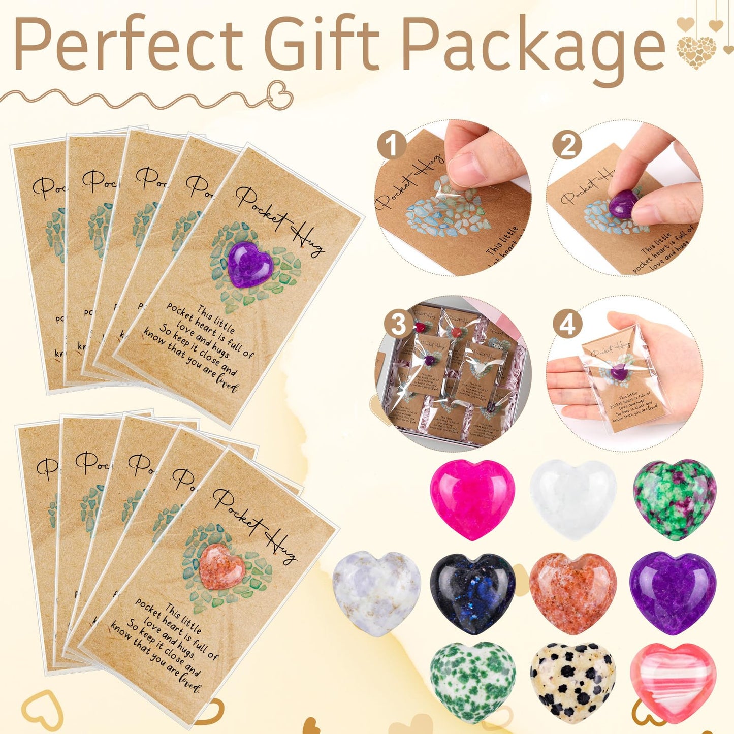 Nosiny 15 Sets Heart Stones Bulk Mother's Day Gift for Women Pocket Hug Token 0.8'' Natural Heart Crystals and Healing Stones with Card Employee Coworker Volunteer Nurse Graduation Meditation Gift