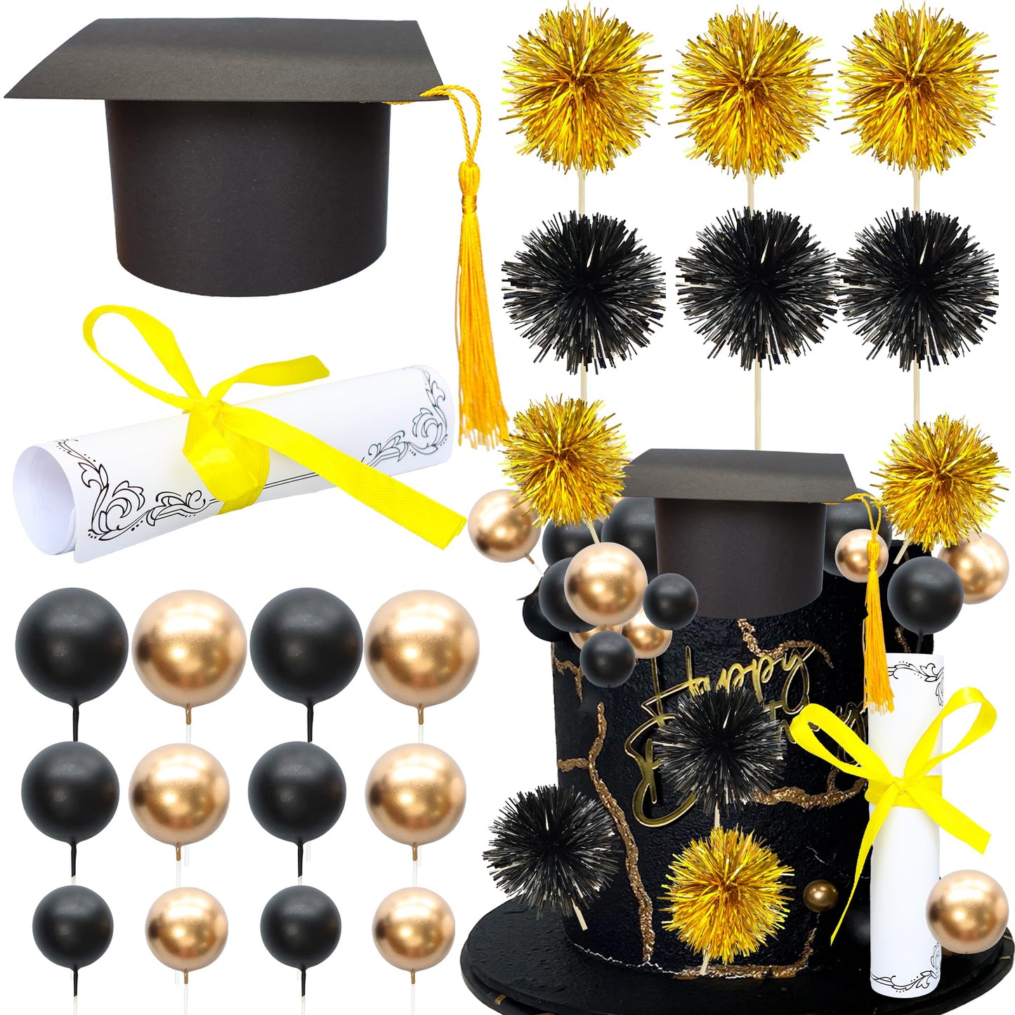 Gyufise 42Pcs 2026 Graduation Cake Kit Diploma Grad Cap Cake Pick Balloon Tassel Firework Cupcake Toppers Prom 2026 Cake Decorations for Class of 2026 Congrats Grad Party Supplies Black Gold