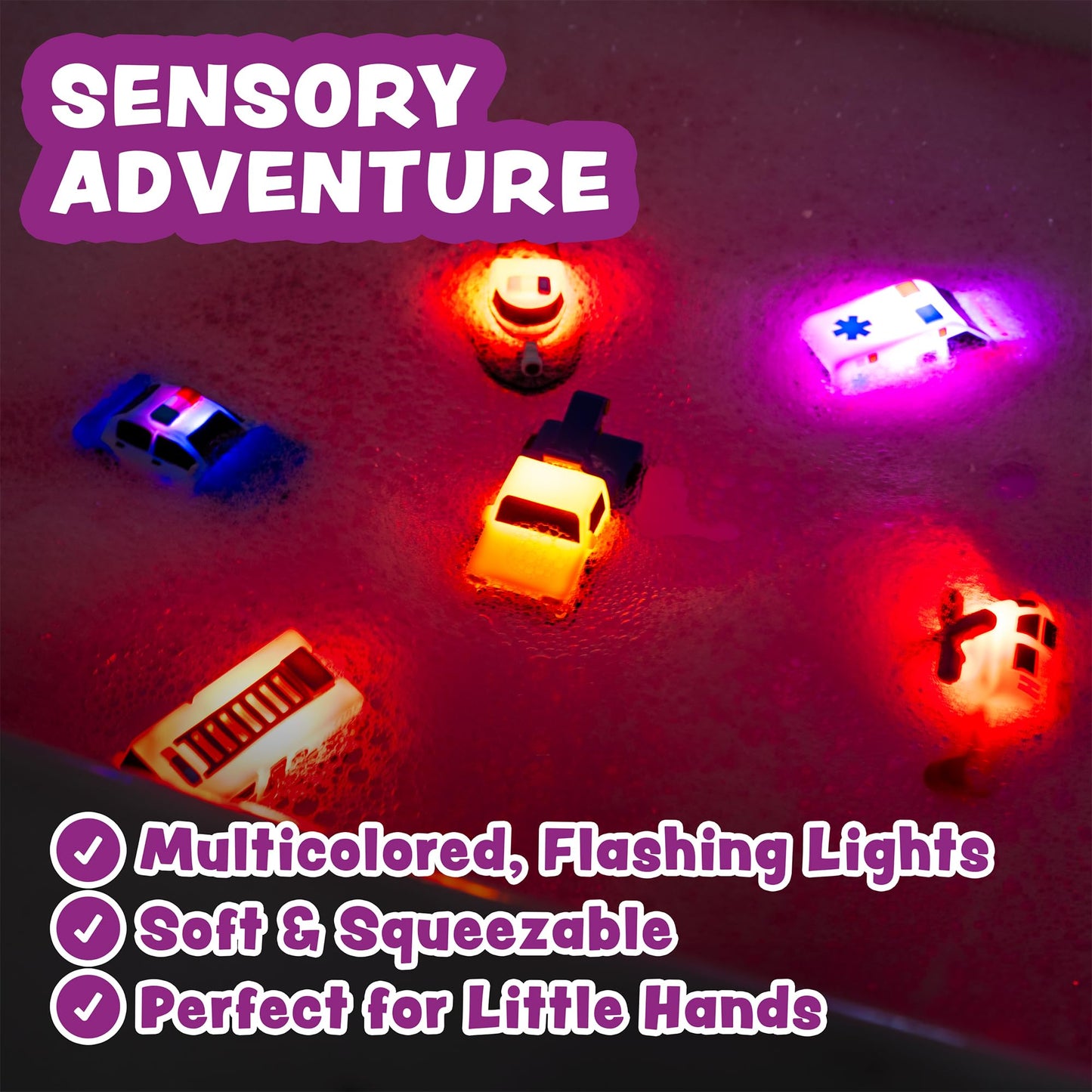 Tub Works® Emergency™ Cars Light Up Bath Toys, 12 Pack | Water-Activated Light Up Toys Flash & Change Color | Easy-Grip Baby & Toddler Bath Toys | Sensory Toys with Bath Lights for Kids Bath