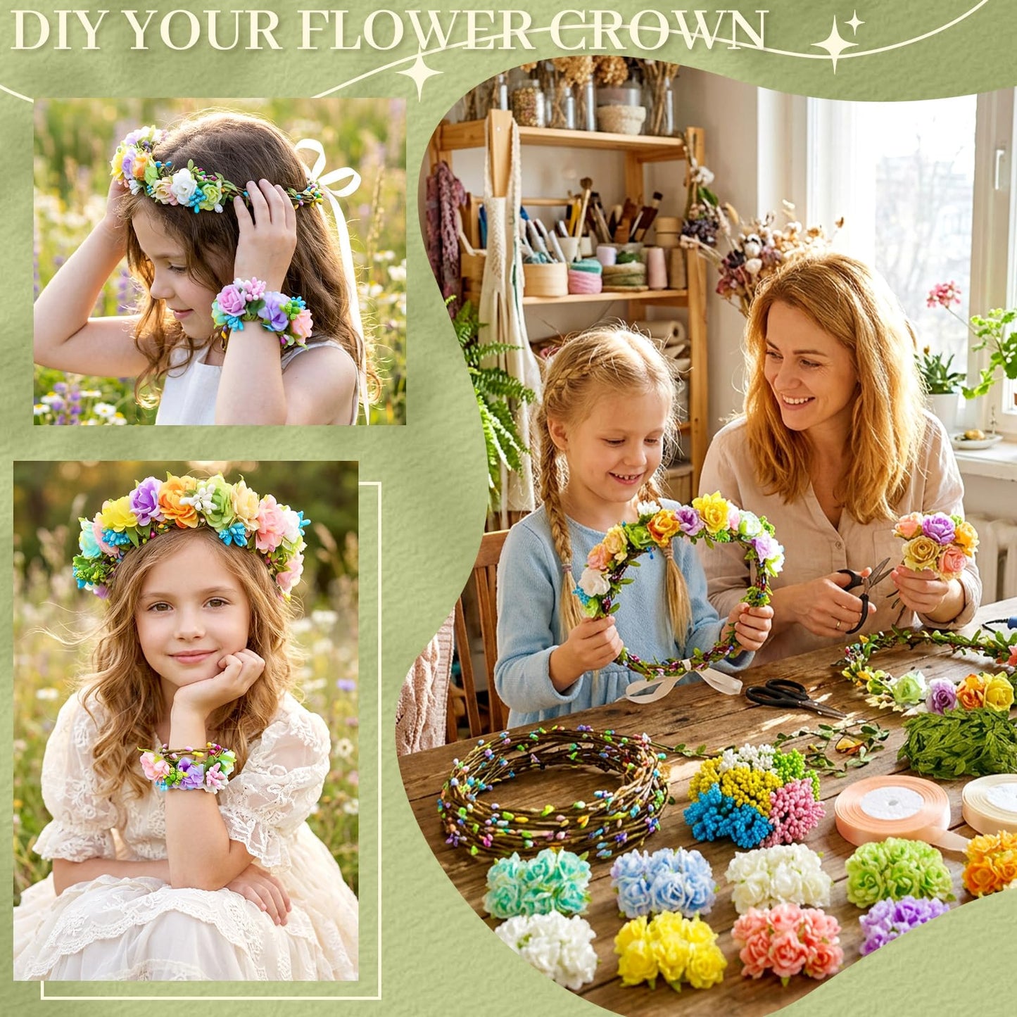 Pattyeer 153Pcs(30 Set) DIY Flower Crowns Making Kit, Handmade Floral Crown Garland Wreath Craft Kit, Make Your Own Flower Hair Accessories Gift for Women