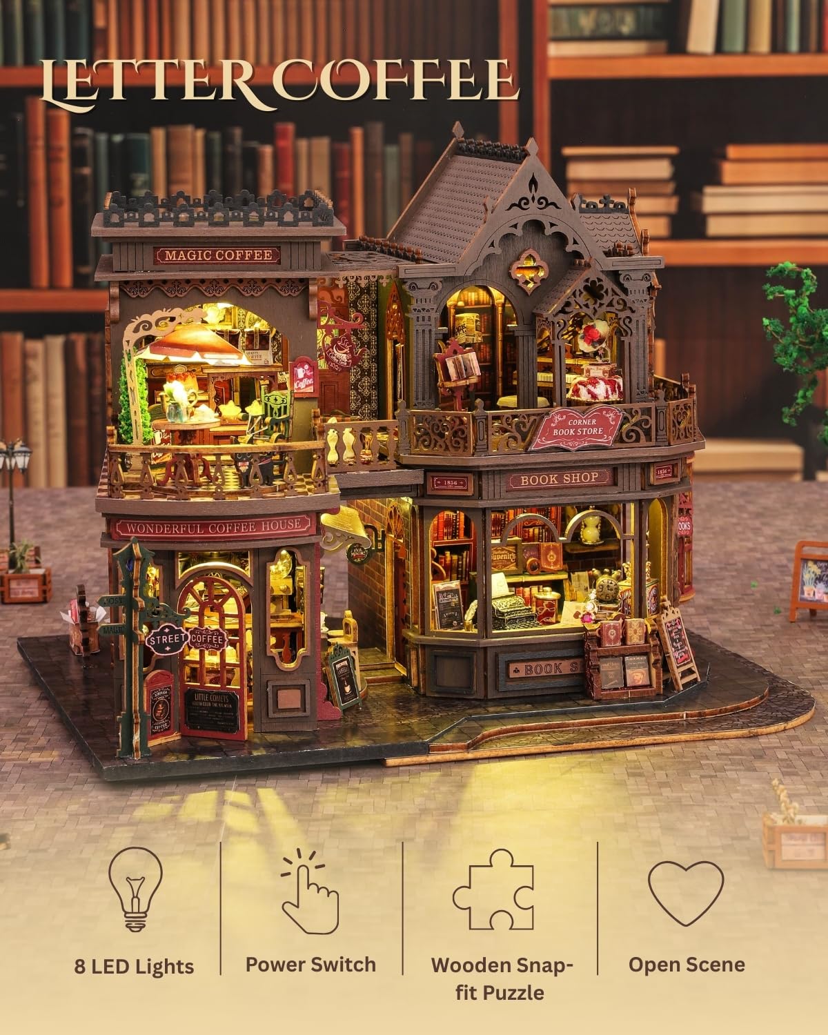 Jorivel Letter Coffee DIY Miniature House Kit with LED Light - Assembled Dollhouse Kit for Shelf Decor - Wood 3D Puzzles Tiny House Book Nook - Creative Gift for Adults at Christmas Halloween Birthday