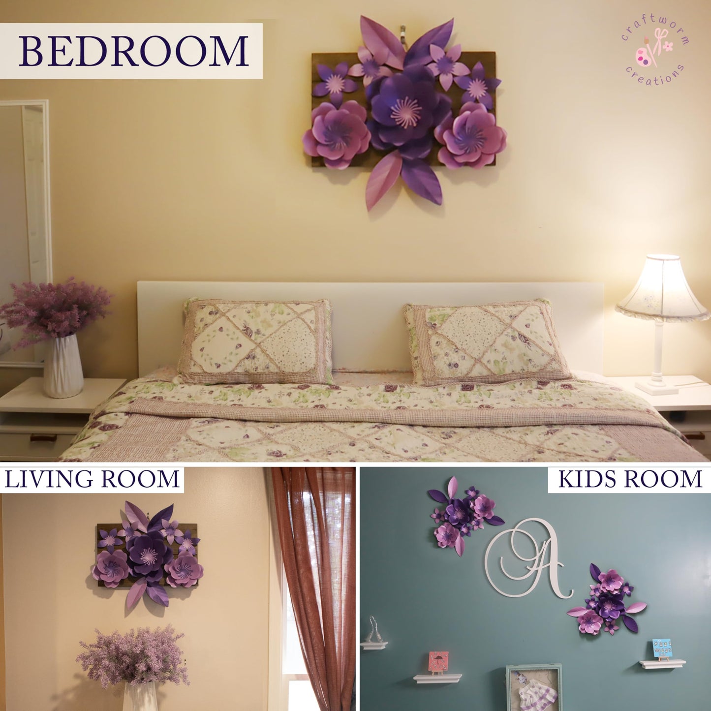 Craftworm Creations Giant Paper Flower DIY Kit – Purple & Lavender – 11-Piece Pre-Cut Set with 10", 6" & 4" Flowers – Easy 15-Min Assembly – Girls Room, Graduation, Baby Shower & Party Backdrop Decor