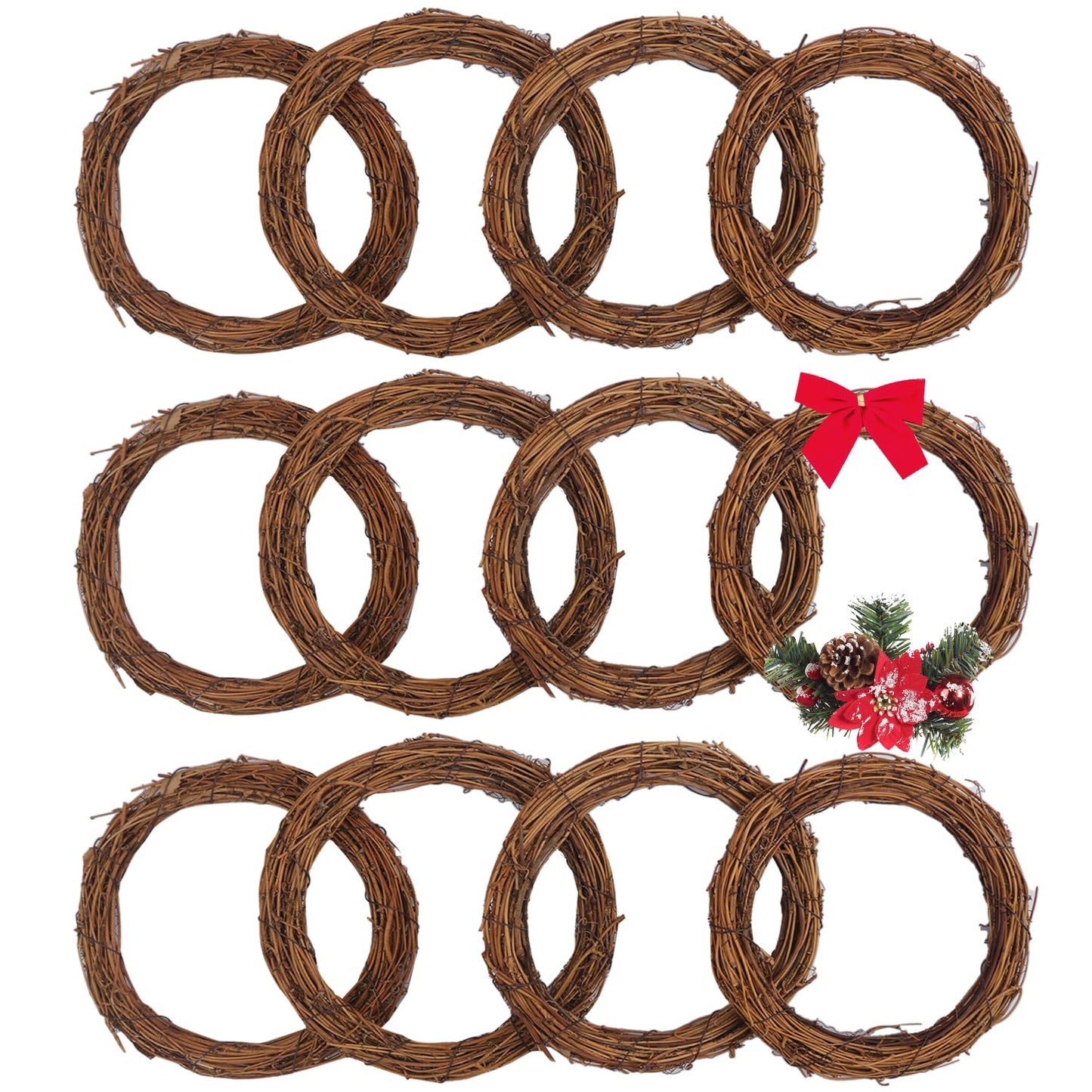 Yiksonyo 12 Pcs 8 Inch Natural Grapevine Wreath Set, Natural Rattan Wreath,Hand-Woven 8 Inch Vine Branch Wreaths, Perfect for DIY Crafts, Christmas Decorations, and Wedding Supplies
