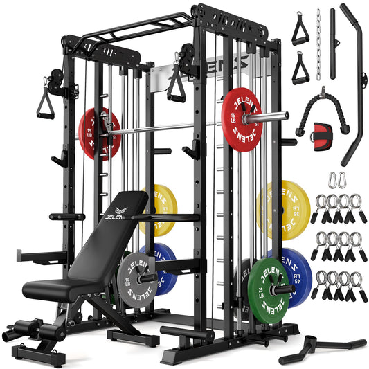 JELENS Smith Machine for Home Gym, Multi-Function M12 Power Cage, Squat Rack with Smith Bar and More Attachment (Black, 260LB Colored Weights Package)