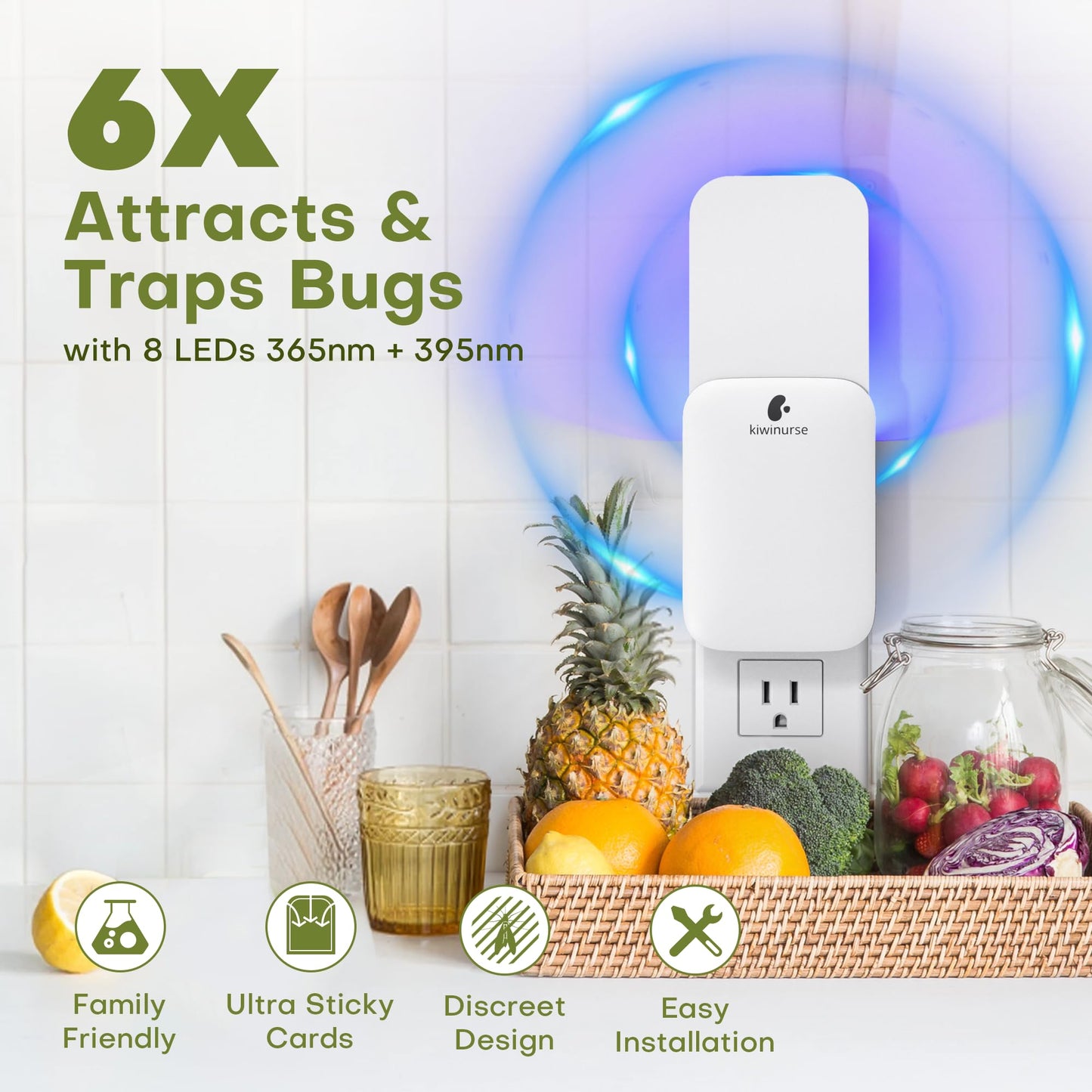 Kiwinurse Flying Insect Trap Indoor - Plug-in Fly Catcher and Killers Includes Refills for House Flies, Fruit Flies, Gnats,Cover up to 800 ft², Off-White, 1 Trap + 4 Refills