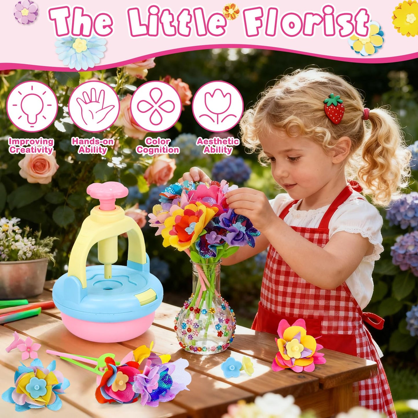 Flowers Craft Kit for Girls Ages 3-12, DIY Flower Bouquet Maker Machine with 120 Fabric Petals, 14 Greeting Cards, Gift Wrap, Vase & Storage Bag, Creative Floral Arts and Crafts Toy for Kids