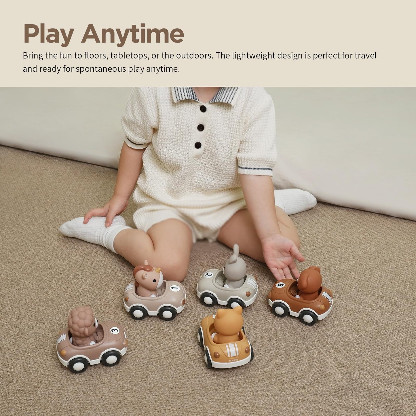 Nueplay Toy Cars for Toddlers 1-3, 6-Pack Friction Powered Push and Go Vehicle Set with Animal Finger Puppets for Boys Girls