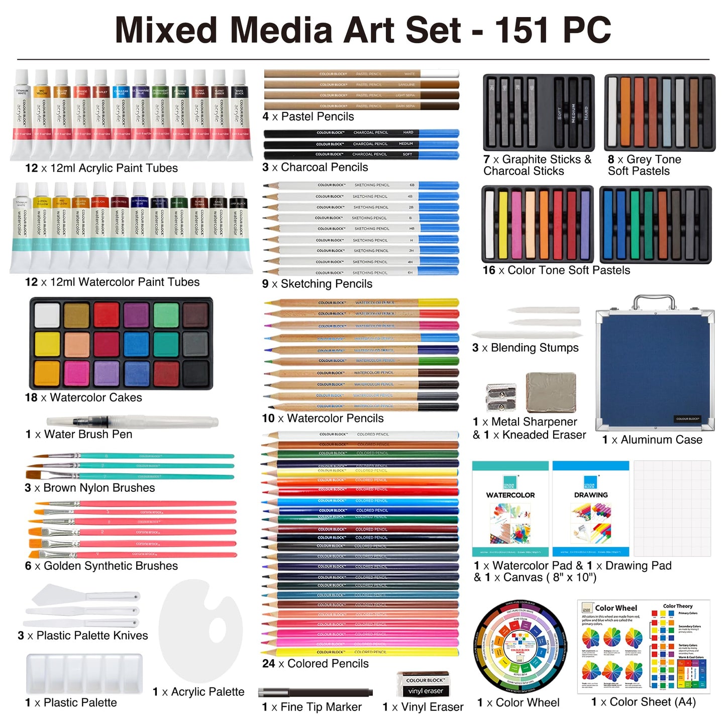 COLOUR BLOCK 151-Piece Professional Art Supply Set with Mixed Media, Paint Kit & Brushes in Aluminum Case, Complete Art Supplies for Adults, All Level Artists, Travel Art Set