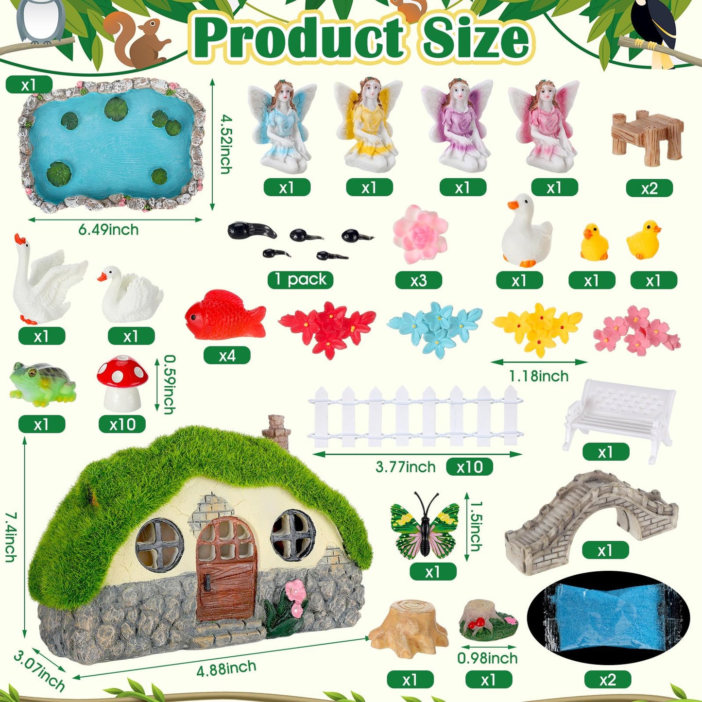 Roowest 57 Pcs Solar Fairy House Garden Accessories Kit Light up Mushroom House Resin Fairy Village Figures Garden Resin Miniature Fish Pond Figures Micro Landscape Outdoor Decorations